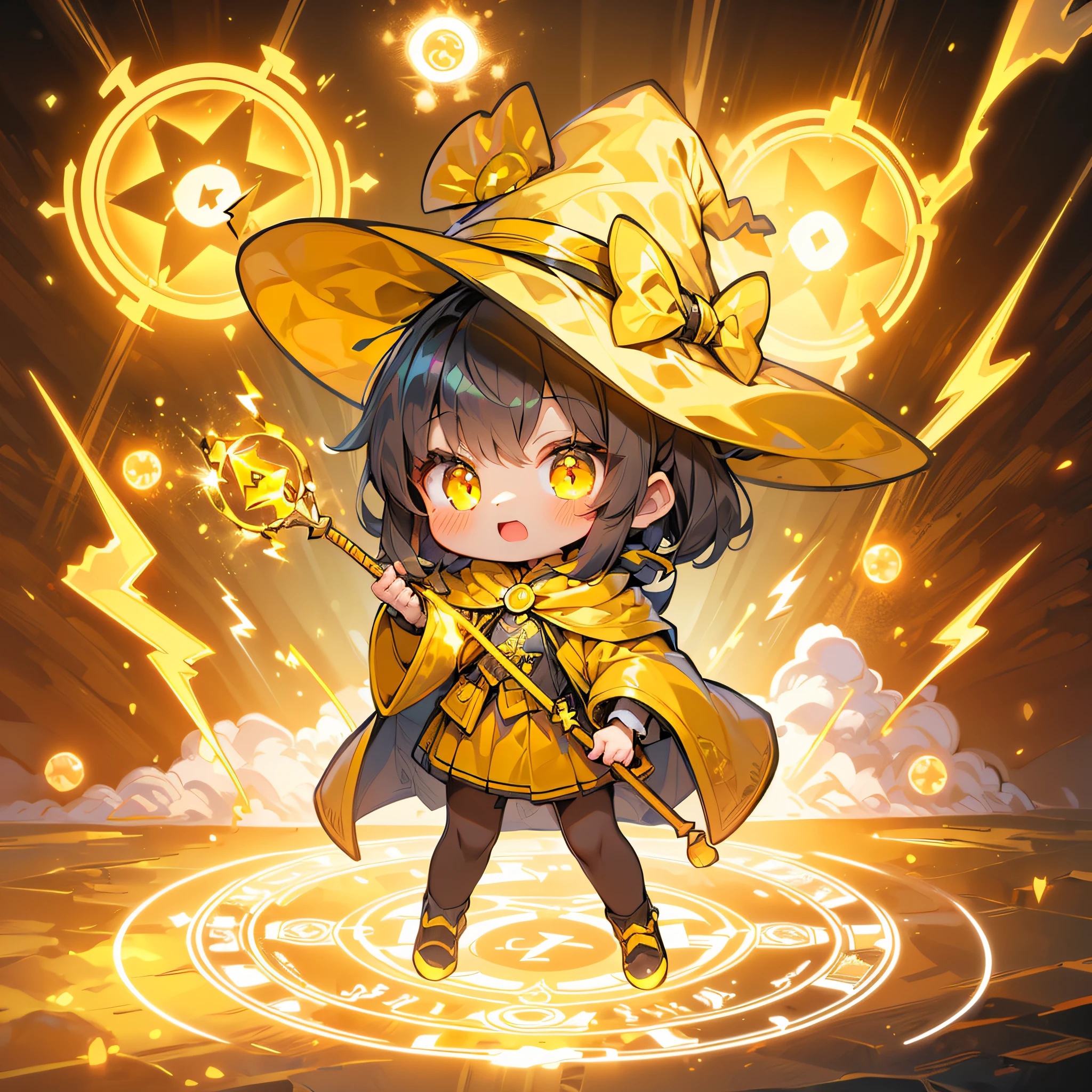 (Topaz Masterpiece 1.1), (Best Quality), (ultra-detailliert), (girl with), (Solo), (Cool), Full body, (Hold the mage's wand:1.10), Skirt, shoes, Ahoge, (witch's robe:1.4), (Witch Hat), (Dynamic Pose:1.6), (((Chibi Character))), (((Deformed))), (Lightning Effect:1.3), (Sparkle effect:1.3), (will-o'-the-wisp:1.5), (Yellow aura:1.5), (Lightning Field:1.1), (lightning magic:1.2) ,(Magic Circle:1.2), 
(Thundercloud background),