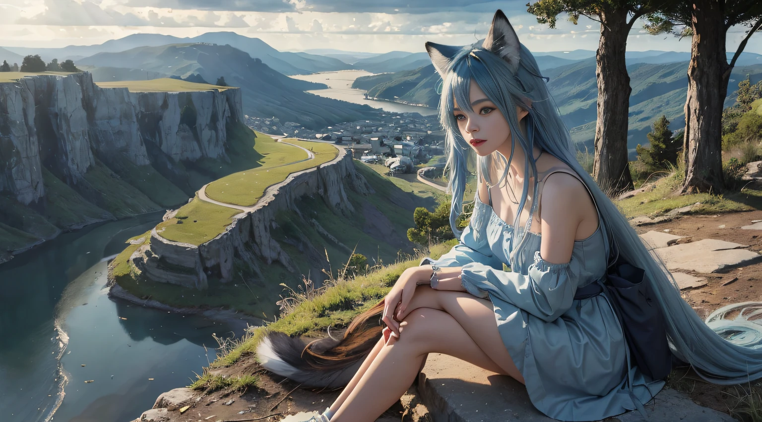 hilltop，Soft lighting，A ray of light in the morning sun，Dark clouds fill the distance，Beautiful peaceful natural landscape，teens girl，blue  hair，Long hair dragged on the ground，sitting at the edge of a cliff，Fluffy colorful fox tail