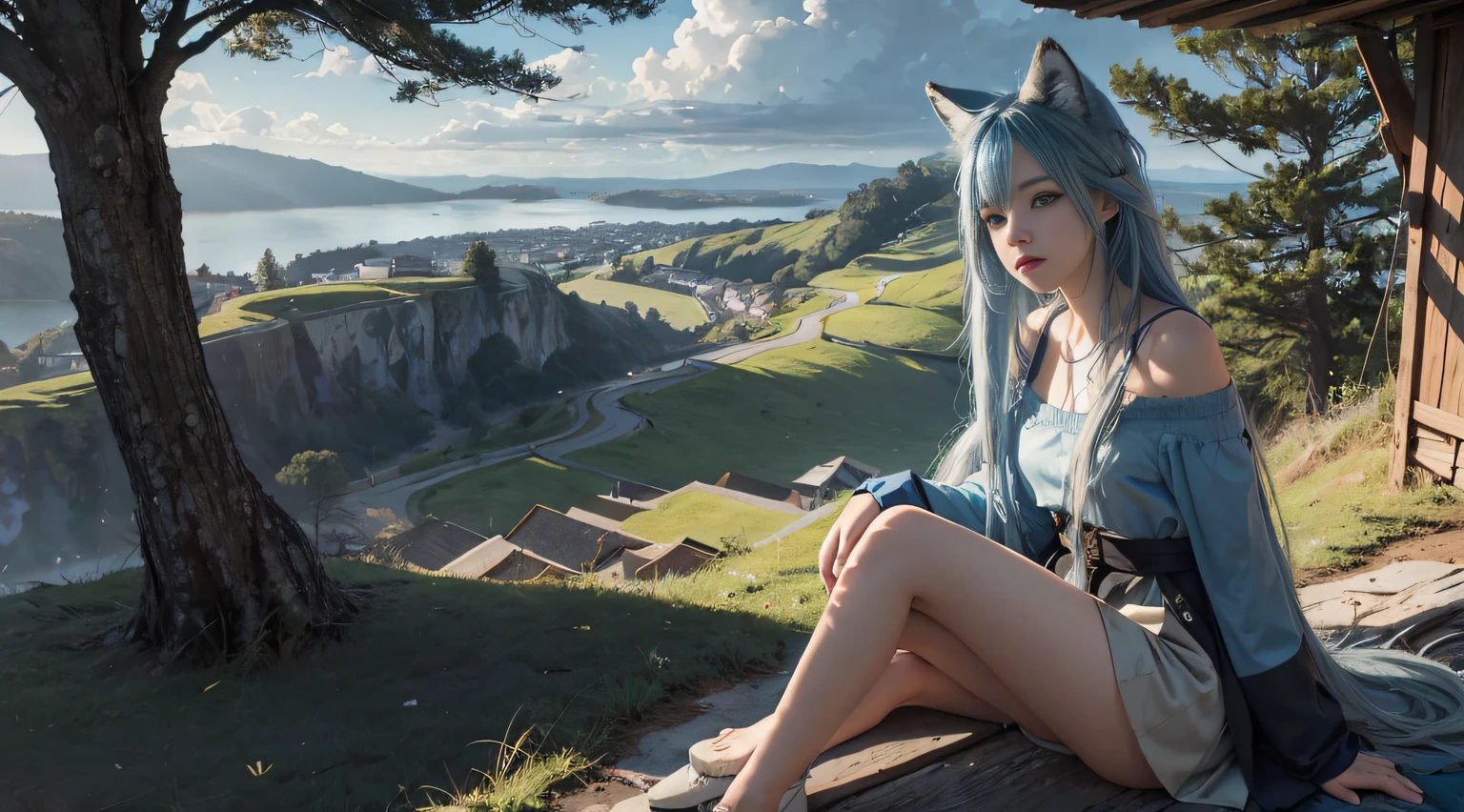 hilltop,Soft lighting,A ray of light in the morning sun,Dark clouds fill the distance,Beautiful peaceful natural landscape,s girl,blue hair,Long hair dragged on the ground,sitting at the edge of a cliff,Fluffy colorful fox tail