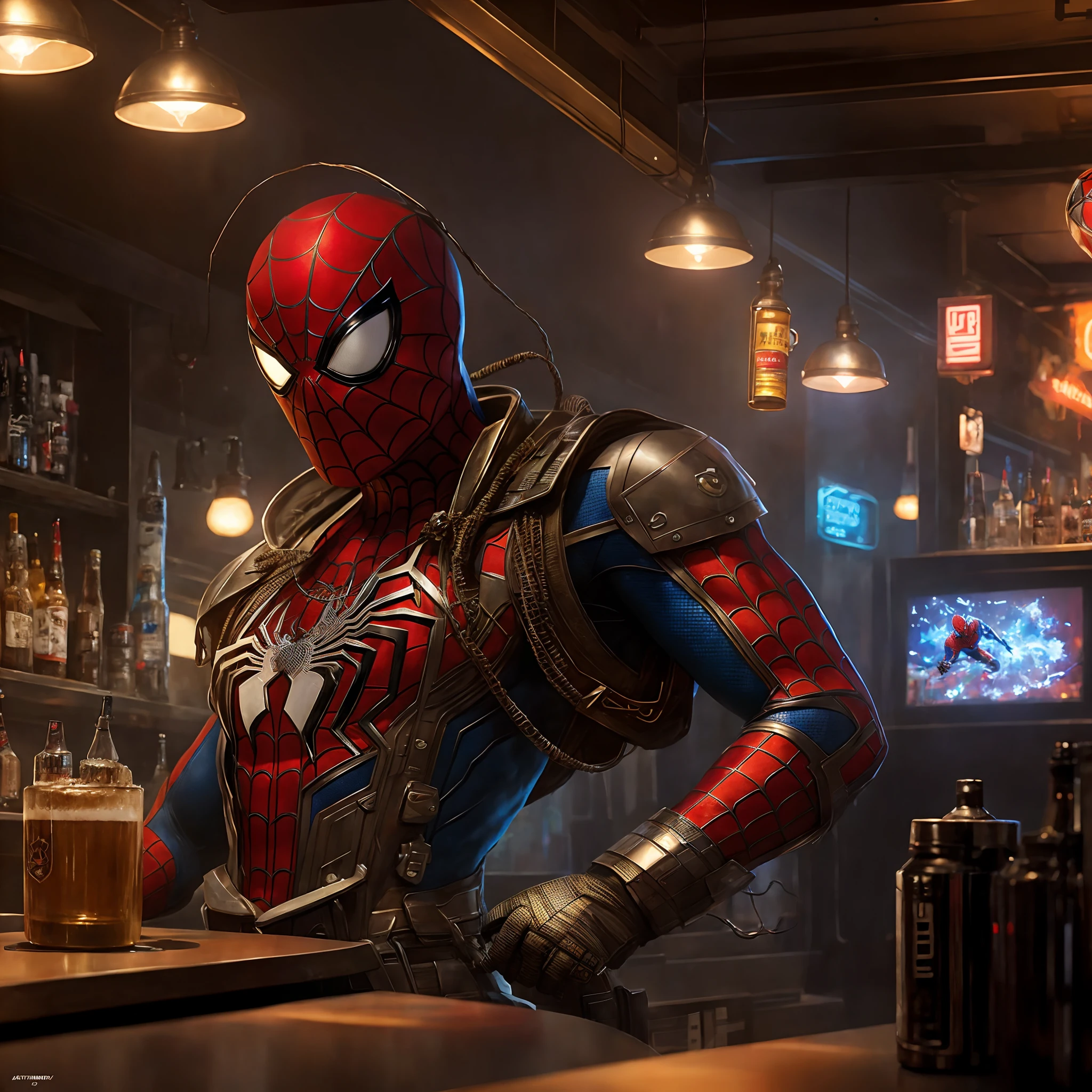 Spider - Man standing in a bar with a beer in his hand, Homem-Aranha como Exterminador do Futuro, Wojtek FUS, Trending in ArtStation 4K, 8 k arte conceitual de alto detalhe, Estilo futurista Homem-Aranha, trending in the artstation", trending on artstation hd, Trend at Artstation headquarters, trending on ArtStation.', Directed by: James Gurney, Retrato do Homem-Aranha