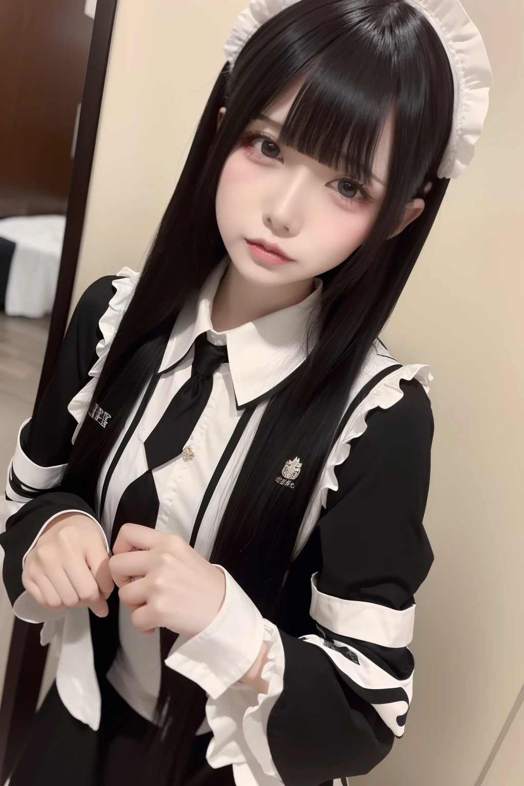 top-quality、8K、32K、masterpiece、nffsw:1.2)、1girl in、One girl with long hair、Two beautiful Japan women、A dark-haired、Heavy bangs、long sleeved shirt、length hair、maid clothes