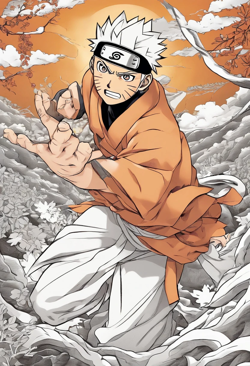 Naruto Uzumaki, colored, manga style,charismatic and determined expression, headband with the Konoha symbol, Capture an image of Naruto showcasing his culinary skills while wearing a striking ensemble of jewelry, including rings, necklaces, and other accessories. Highlight his unique blend of culinary expertise and personal style, intense fighting scene, dynamic action, powerful rasengan, dramatic lighting, vivid colors, detailed background, rugged mountains. (best quality, 4k, highres), [realistic], matte finish, bold lines, comic book style, vibrant color palette.
