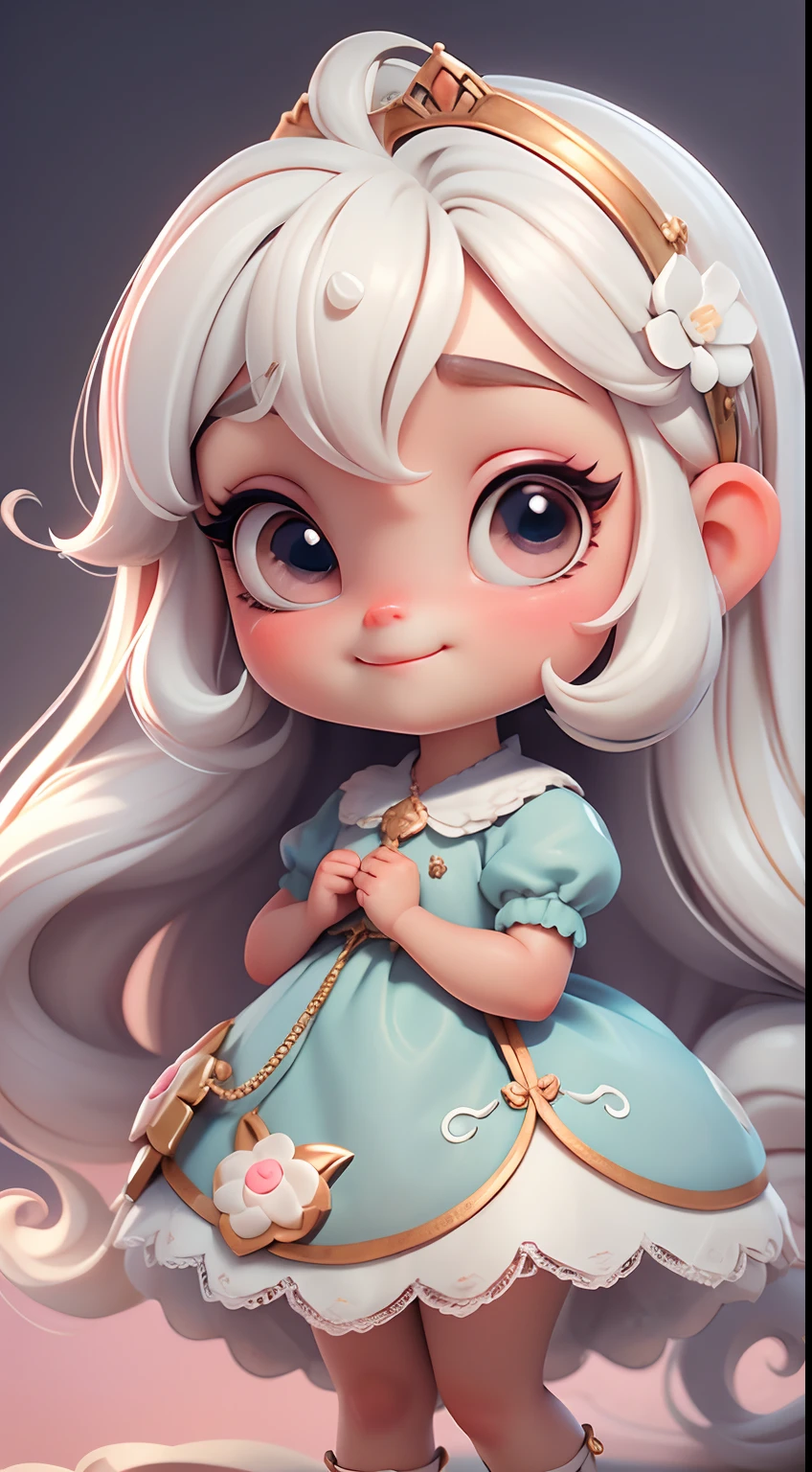 Create a series of cute  style chibi dolls with a cute reign theme, each with lots of detail and in an 8K resolution. All dolls should follow the same solid background pattern and be complete in the image, mostrando o (corpo inteiro, incluindo as pernas: 1.5)

Boneca Mini princesa: Chame-a de Marina. Ela deve ter cabelos longos. Seus olhos devem ser grandes e expressivos, with long eyelashes and rosy cheeks. Sorriso delicado e branco. modern accessories. Marina deve estar vestida com um vestido detalhado. She must carry princess accessories. Certifique-se de adicionar detalhes nas roupas, como saias e brilho, sapatilha bonito

Certifique-se de adicionar sombras, texturas e detalhes nos cabelos, roupas, Princess utensils, to make them even more adorable and charming.