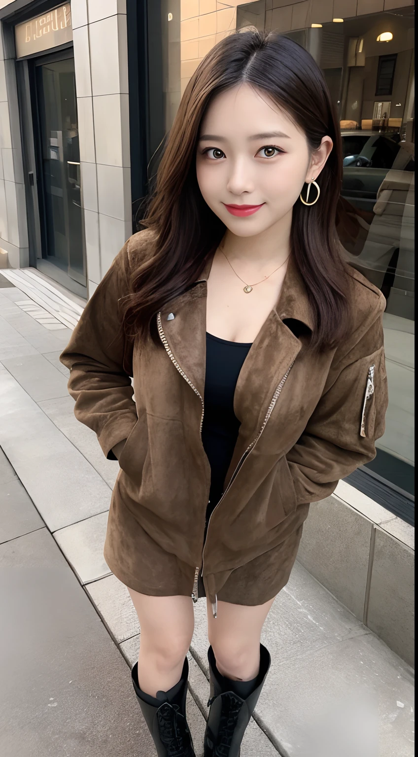 masutepiece, Best Quality, Illustration, Ultra-detailed, finely detail, hight resolution, 8K Wallpaper, Perfect dynamic composition, Beautiful detailed eyes, (Suede flight jacket over a mini dress of the same color), boots, Medium Hair, Big breasts, Natural Color Lip, Random and sexy poses, Smile, piercings, a necklace, Aoyama Street Walk, 20 years girl, depth of fields