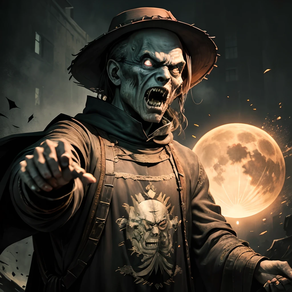 the night，Double，Balding middle-aged man in cloak，The expression is fierce，bucket-hat，Ride on zombies（Chinese_Qing_zombi：1.3）shoulder on，Zombie face skin，Open-mouthed，Claws，Depict facial details in detail，The background is woods，Very large moon，barren，super-fine，hyper HD