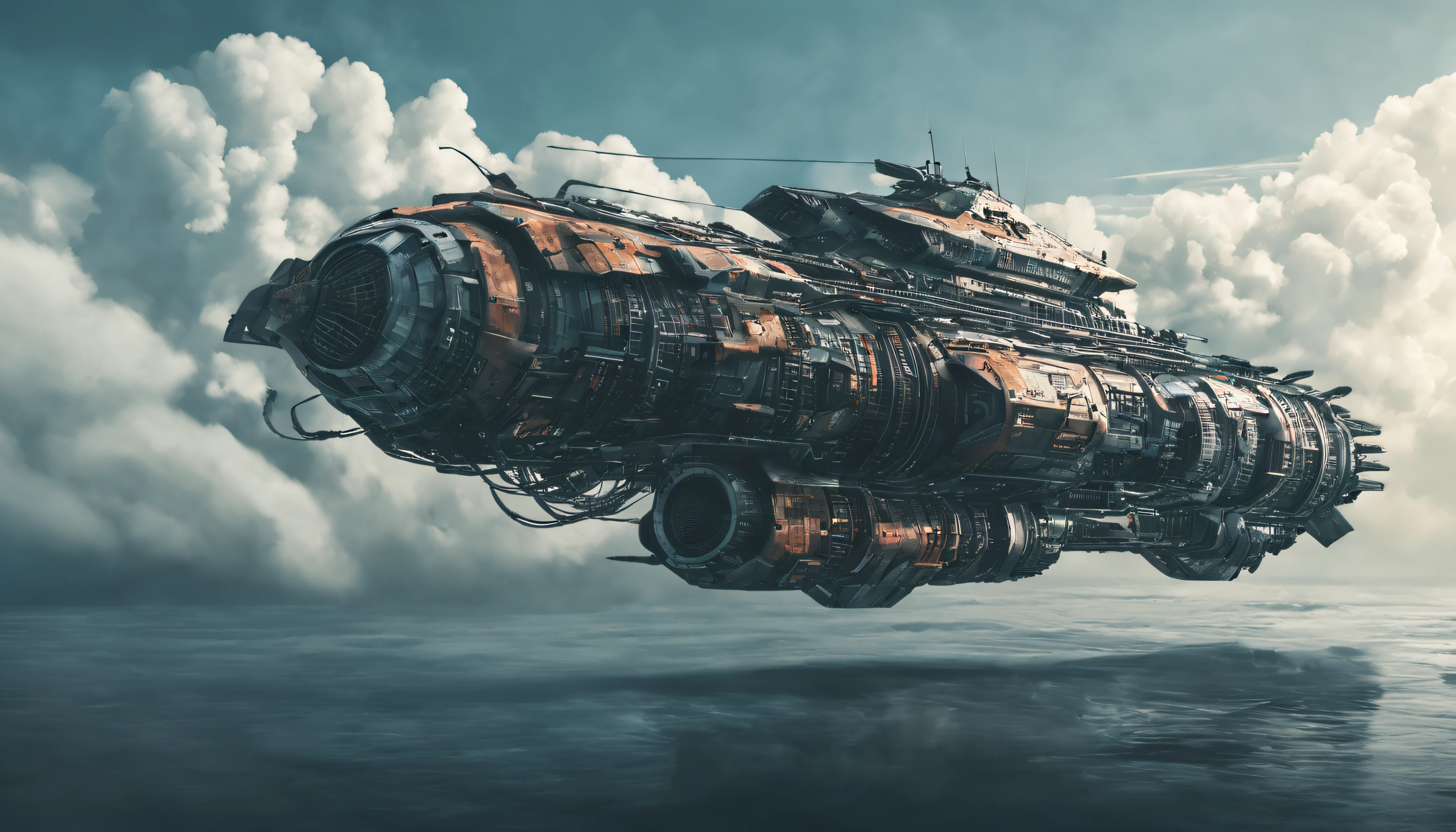 futuristic warship with 24 fans and large body on top of sky, inside clouds, side view, cyberpunk, armed warship, futuristic war, no human, war in sky inside clouds