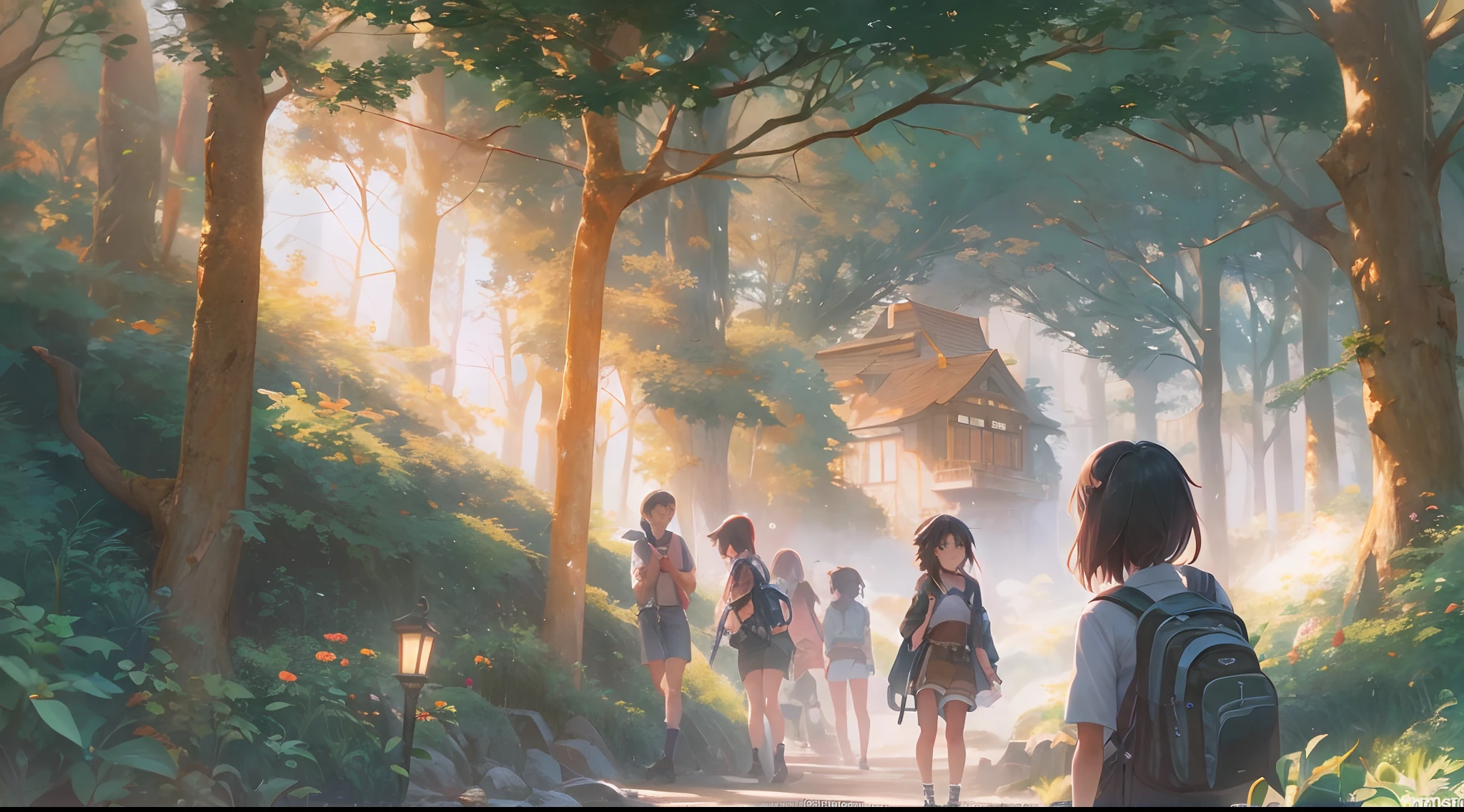 Generate a masterpiece, anime, viewed from front upcloser look, melancholy of five or more children's enjoying themselves while roaming, forest, backpack, trees, sun, sunlight, hd wallpaper, ( ( makoto shinkai ) ), official art, guweiz and makoto shinkai, artwork in the style of guweiz, guweiz, ross tran and makoto shinkai, guweiz on pixiv artstation