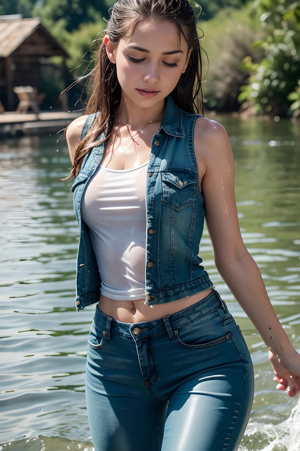 Girl playing in lake, clear water, peaceful, warm, warmly dressed, denim vest, jeans, teardrop face, detailed skin, wet hair, in water to her waist, wet clothes, soaked, dripping wet, wet jeans, tight frame, looking at viewer,  zoomed in, vertically aligned, ultra detailed, high quality, 8k, detailed clothing, splashing