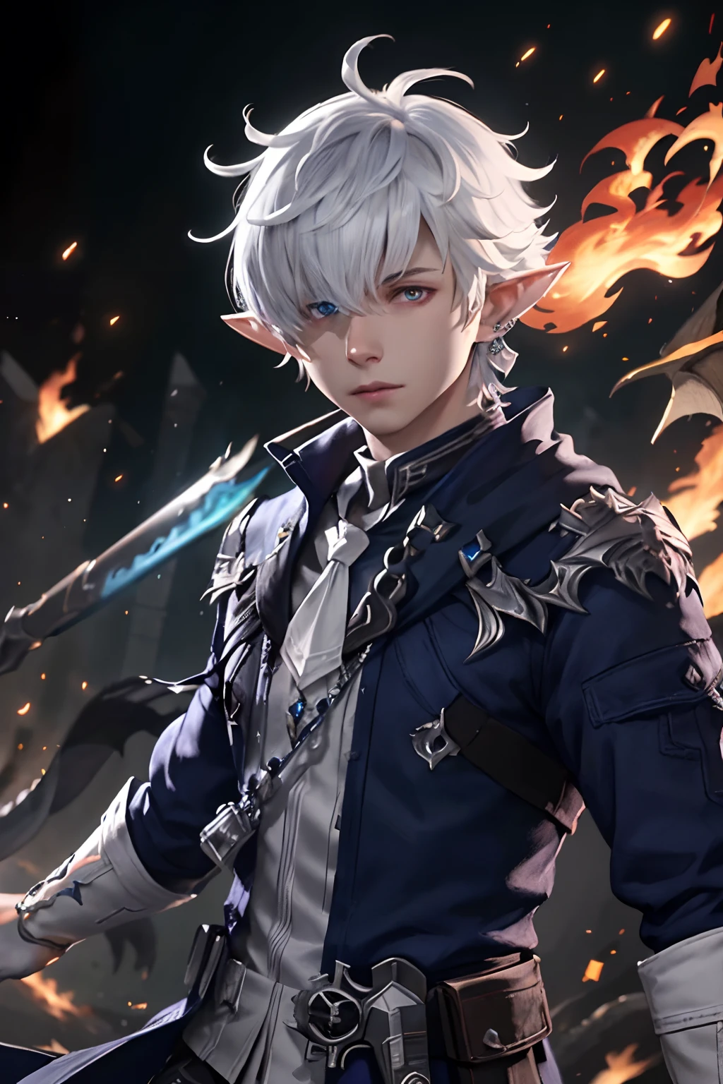 Alphinaud, looking at viewer,  gloves, jewelry, upper body, floating weapon,  floating object, magic, glowing, white gloves, hair over one eye,motion blur, explosions, fantasy background, embers, flames, dragons,  video game, octane render, specular highlights, detailed face, detailed eyes, detailed fabric, detailed skin,