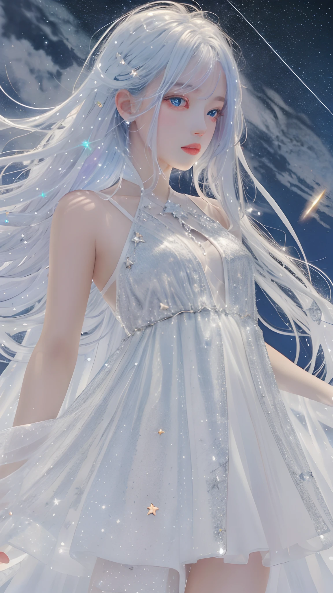 Masterpiece, Best quality,A high resolution, 1girll, Long_White_Hair, Stars in Eyes, See_Through, (((shimmering dazzling lighting))), (luminous), detailed shadow, meteors, stars, milky ways, Starcloud, Star in white dress, Messy floating hair, Colored inner hair, Starry sky adorns hair, Chiffon, Tulles, Stars, White theme