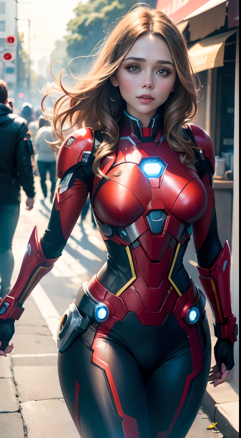 Elizabeth Olsen as Iron Man, bustling street, (inspired by Mass Effect), Iron Man suit, safety rating, breast enlargement, fat buttocks, leather pants wrapped around hips (8k, foto raw, fotorrealista: 1, 25), (muito brilho labial, muitos cílios, melhor qualidade, ultra alta resolução, profundidade de Campo, Aberração Cromática, Luz Ampla, Cor Natural, distant images (1:2)