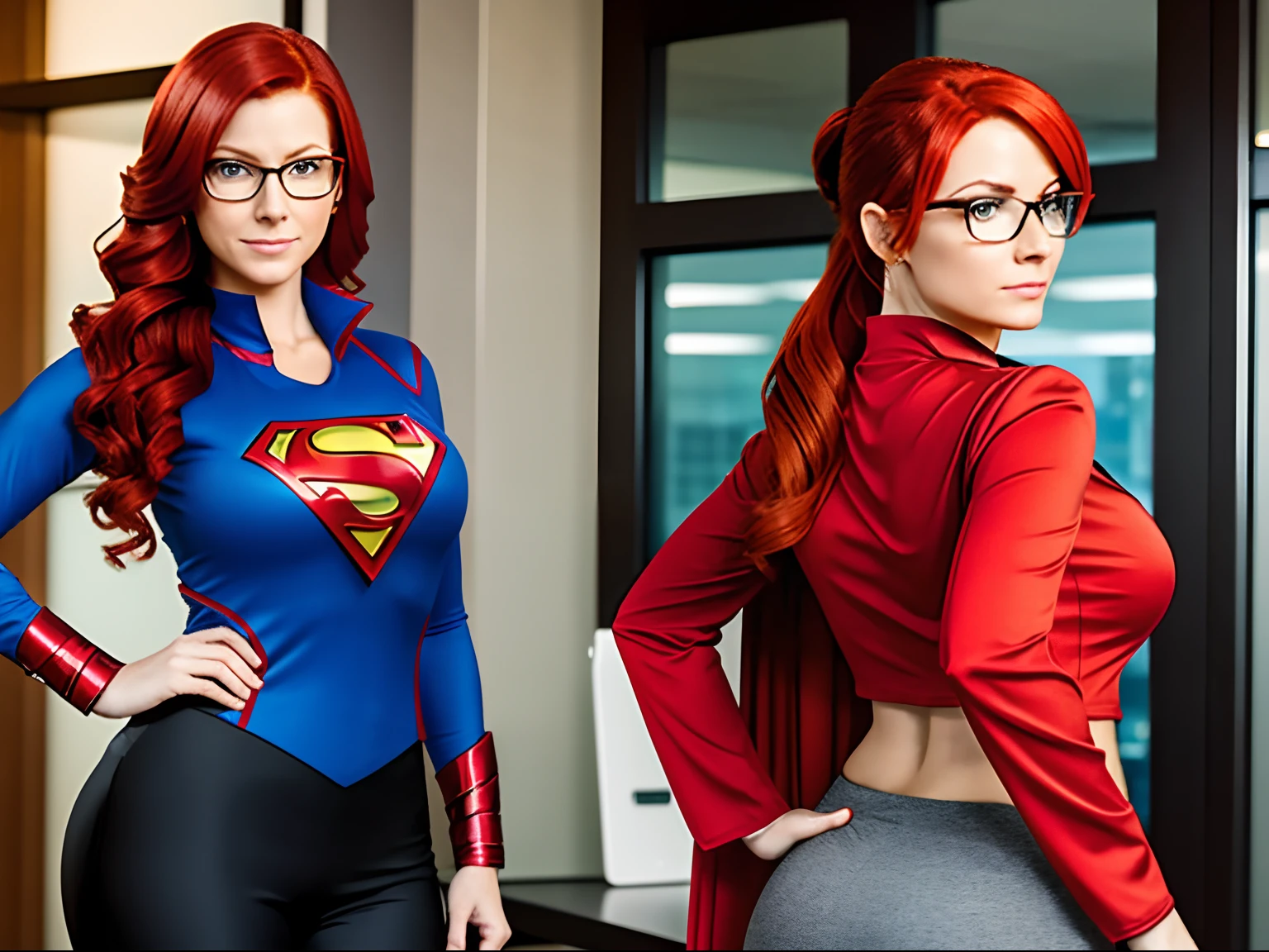 the same red haired woman with two back grounds on the 1 picture. she is wearing either her office attire, her hair tied back and wearing glasses or she is wearing a superheroine costume accentuating her figure, with her hair out
