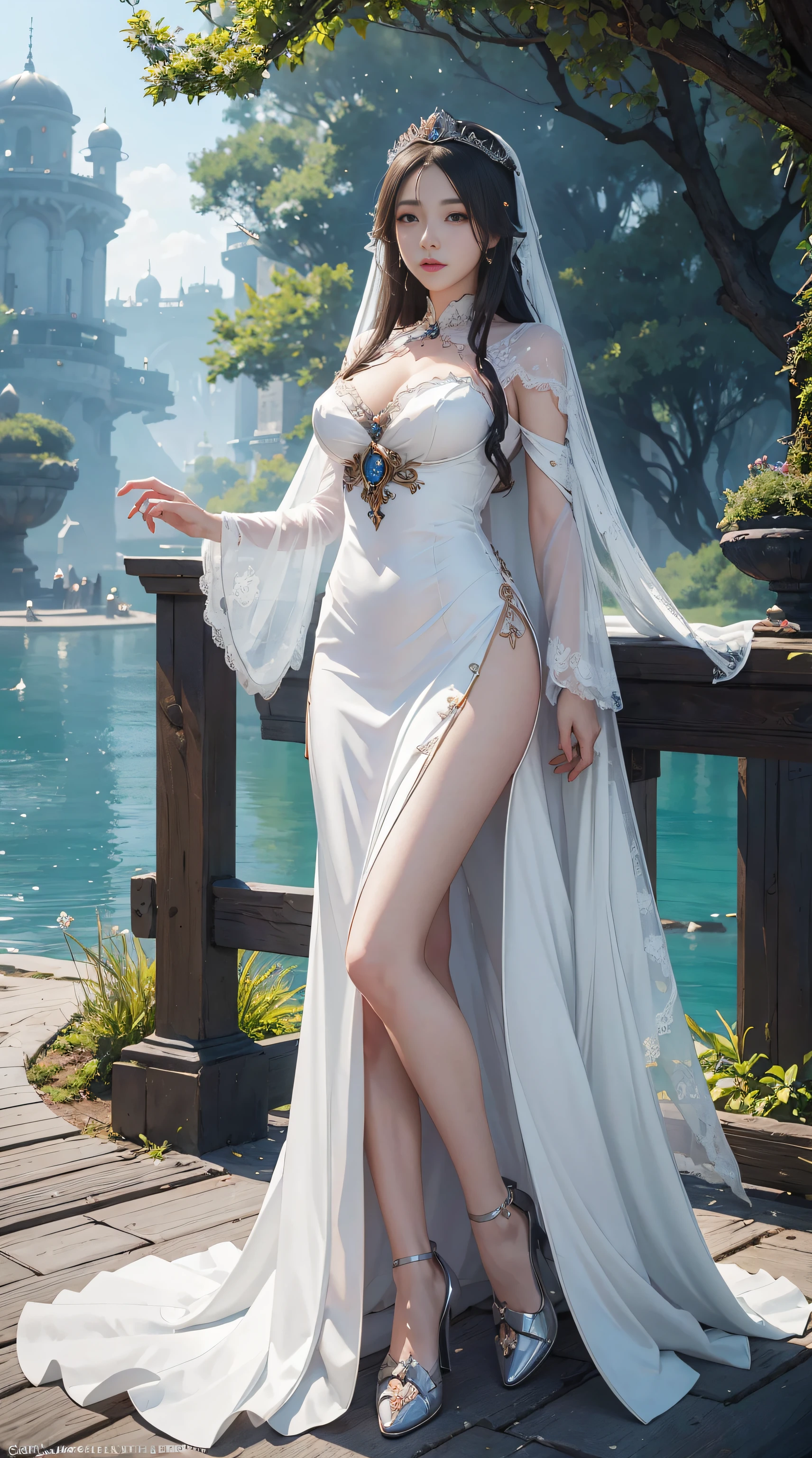 A woman in a white dress and veil sits on the dock, a statue by Fan Qi, Trend of CGsociety, Fantasy art, beautiful and seductive anime woman, guweiz masterpiece, ((a beautiful fantasy empress)), Guviz, Anime goddess, high detal), beautiful teenage girl, 2 d cg, a beautiful fantasy empress, Beautiful goddess, seductive anime girls,8k