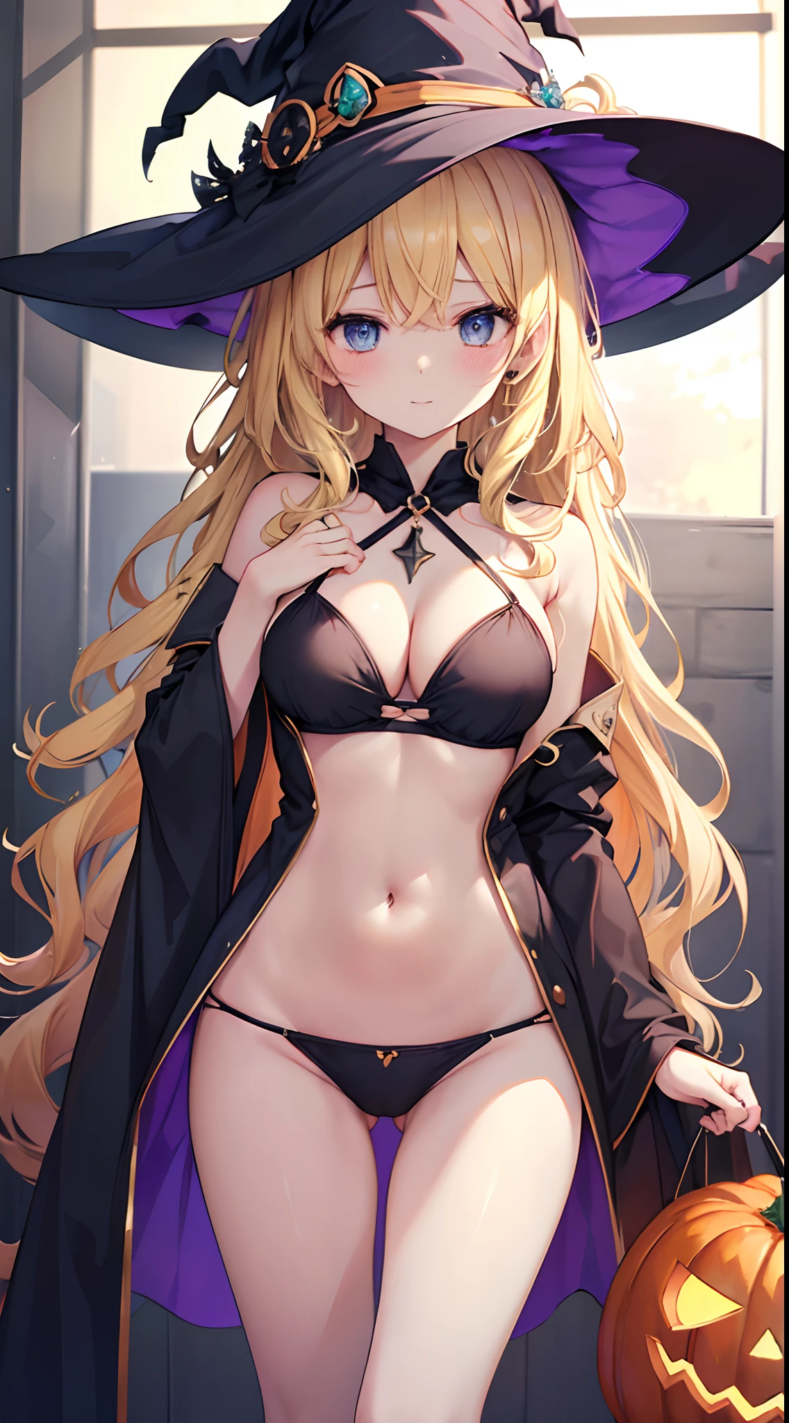 high-level image quality、top-quality、Beautuful Women、1 persons、ssmile、embarassed expression、pony tail hair、swim wears、knee high、Halloween Party、Halloween Cosplay、cinematlic lighting、Beautiful and perfect legs, Clean and perfect hands、Lots of jack-o'-lanterns,large full breasts, ((1 Beautiful Witch)), ((Blonde hair, long wavy hair with bangs,,,,,,,,)) (((Witch 1 person, Soio))) )) ((20yr old)) blue eyes, Have a very sexy body, Full chest and narrow waist, And a very sexy body,