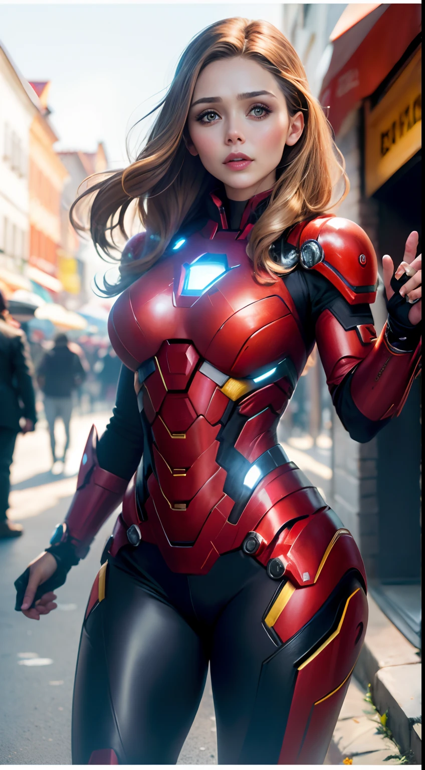 Elizabeth Olsen as Iron Man, bustling street, (inspired by Mass Effect), Iron Man suit, safety rating, breast enlargement, fat buttocks, leather pants wrapped around hips (8k, foto raw, fotorrealista: 1, 25), (muito brilho labial, muitos cílios, melhor qualidade, ultra alta resolução, profundidade de Campo, Aberração Cromática, Luz Ampla, Cor Natural, distant images (1:2)