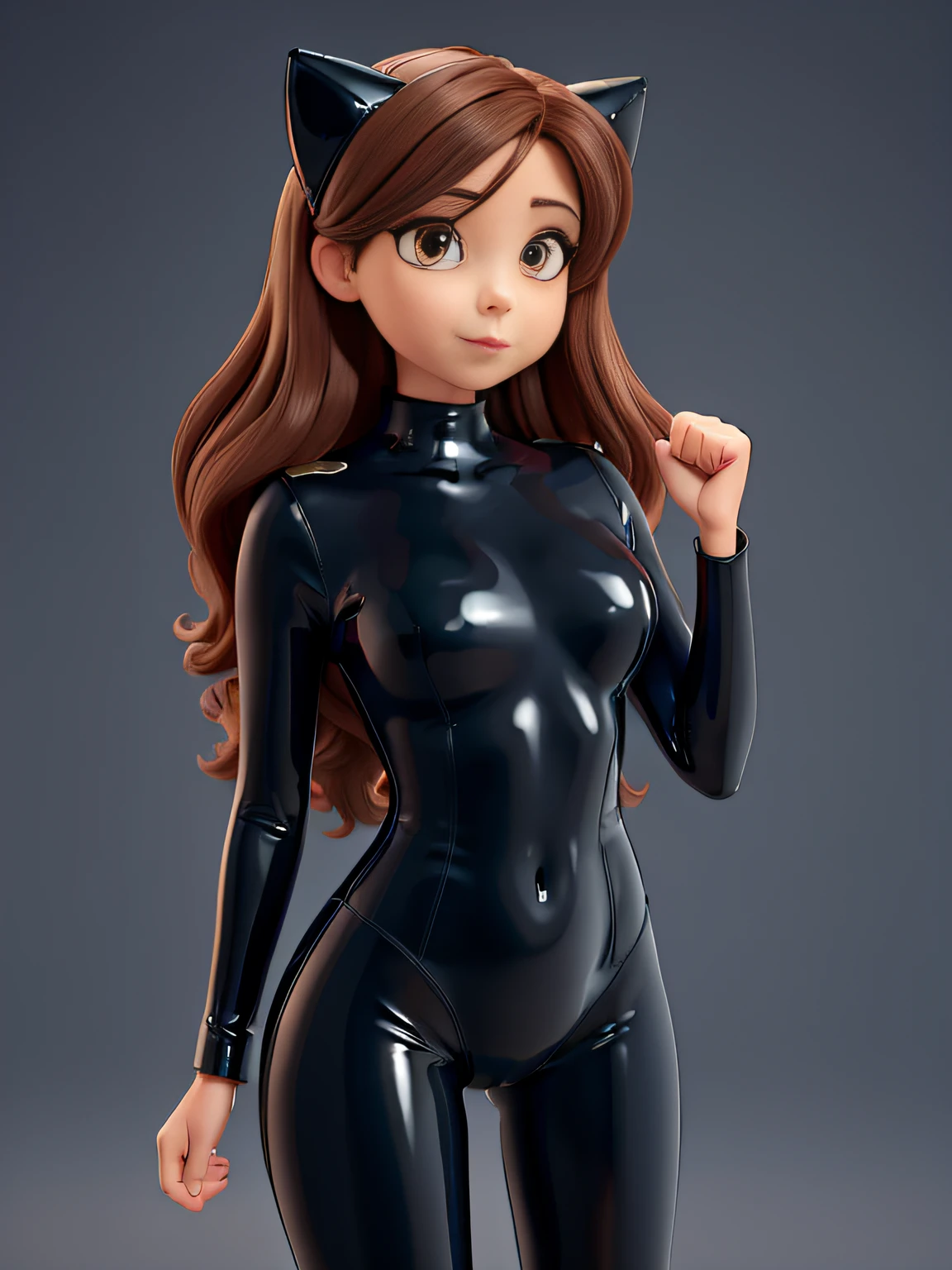 Woman in latex leotard and pantyhose holding up a latex catsuit to show it off