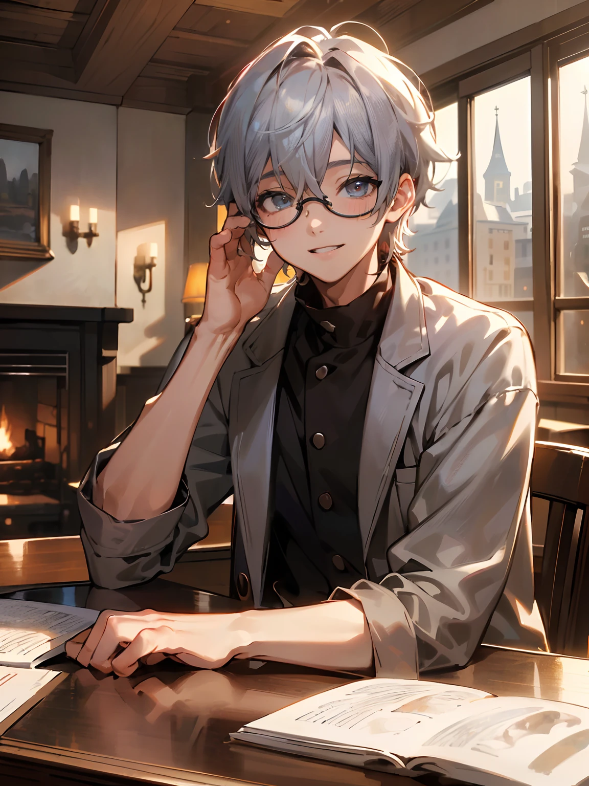 (Male , eye glasses,A smile, silber hair,The upper part of the body),(((masterpiece)))、(((top-quality)))、((ultra-definition))、(High Definition CG Illustration)、Very cozy cafeteria lounge with cozy décor with fireplace、mont々Comfortable climate to relax on the glass wall overlooking the landscape