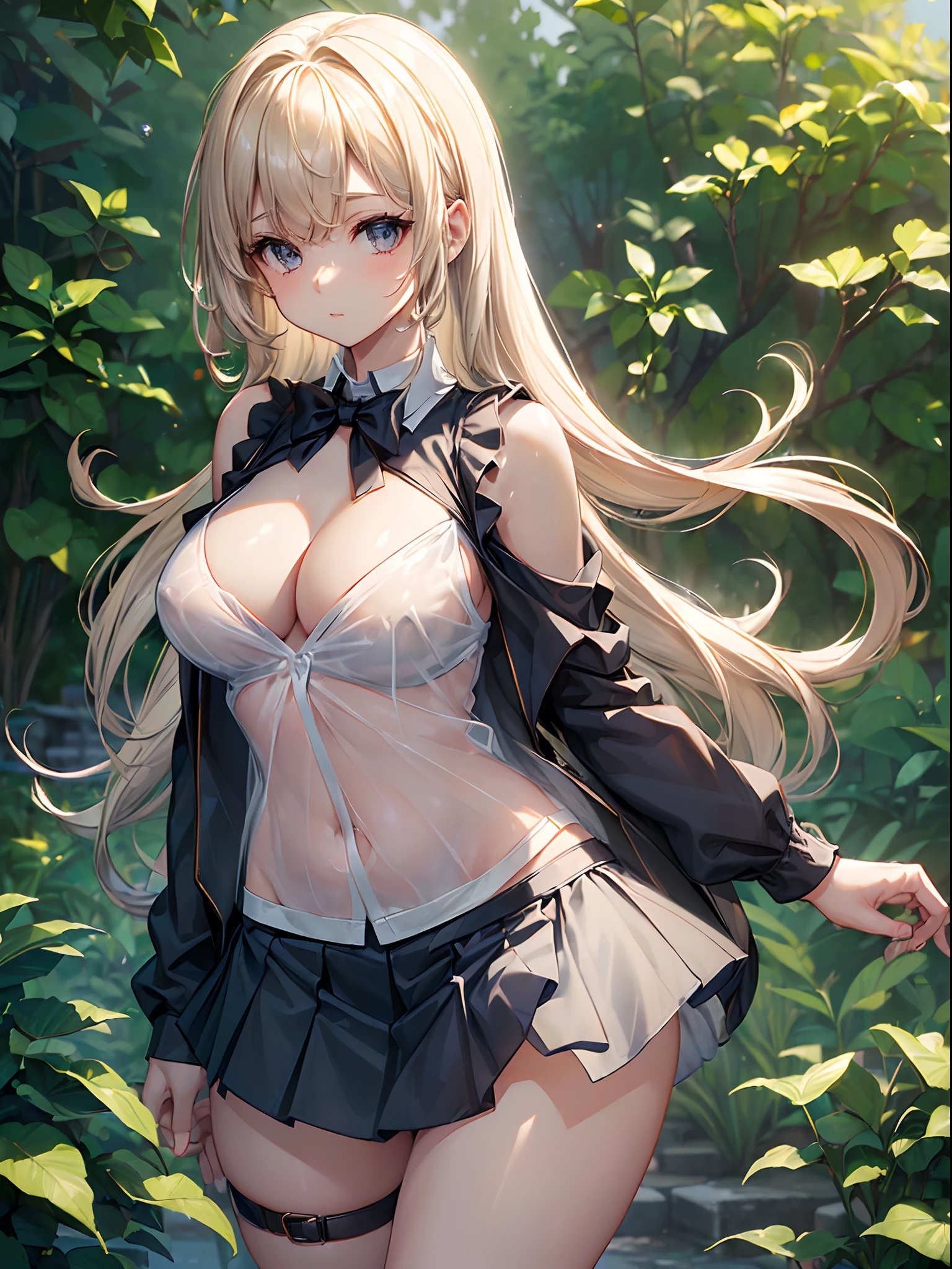 (((toppless))), (((Sheer school uniform, Sleeveless ))), (((Show cleavage))), (((Large breasts))), (((Open front))), (((Sheer Micro Mini Skirt))), Detailed beautiful eyes, (((Sunny))), extremely detailed CG unified 8k wallpaper, very fine 8KCG wallpaper, (masterpiece, Best Quality), High resolution, Ultra-detailed, ultra-sharp, 1 girl, Naked, (((Sheer Micro Mini Skirt)))