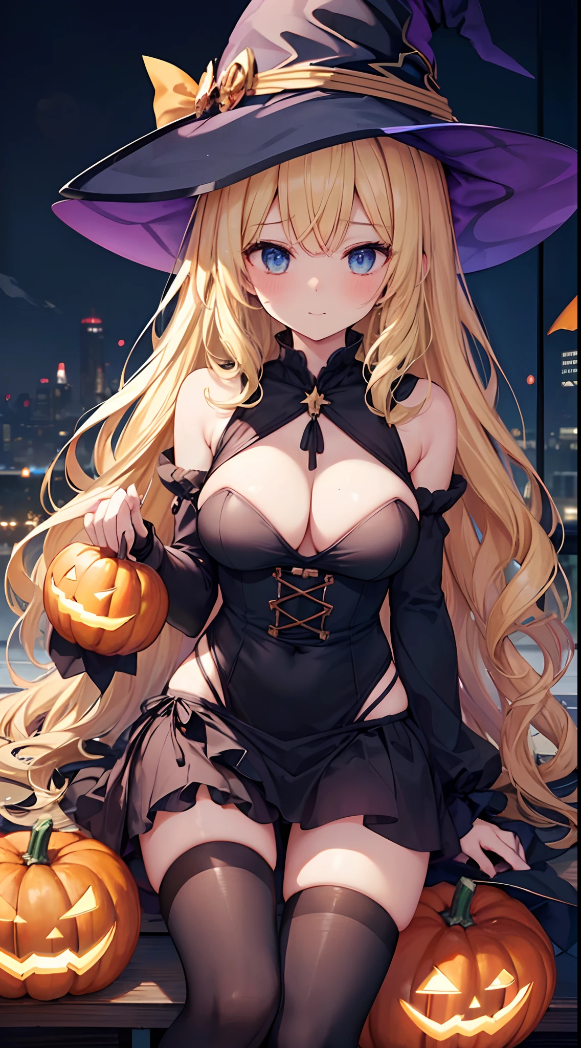 high-level image quality、top-quality、Beautuful Women、1 persons、ssmile、embarassed expression、pony tail hair、swim wears、knee high、Halloween Party、Halloween Cosplay、cinematlic lighting、Beautiful and perfect legs, Clean and perfect hands、Lots of jack-o'-lanterns,large full breasts, ((1 Beautiful Witch)), ((Blonde hair, long wavy hair with bangs,,,,,,,,)) (((Witch 1 person, Soio))) )) ((20yr old)) blue eyes, Have a very sexy body, Full chest and narrow waist, And a very sexy body,