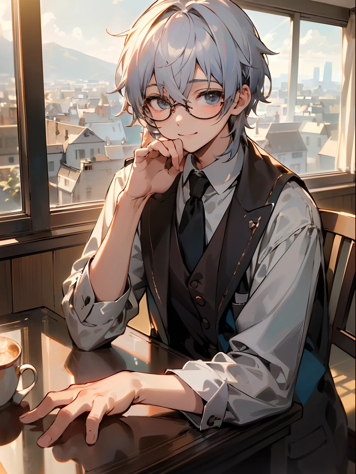 (Male , eye glasses,A smile, silber hair，The upper part of the body),(((​masterpiece)))、(((top-quality)))、((ultra-definition))、(High Definition CG Illustration)、Very cozy cafeteria lounge with cozy décor with fireplace、mont々Comfortable climate to relax on the glass wall overlooking the landscape