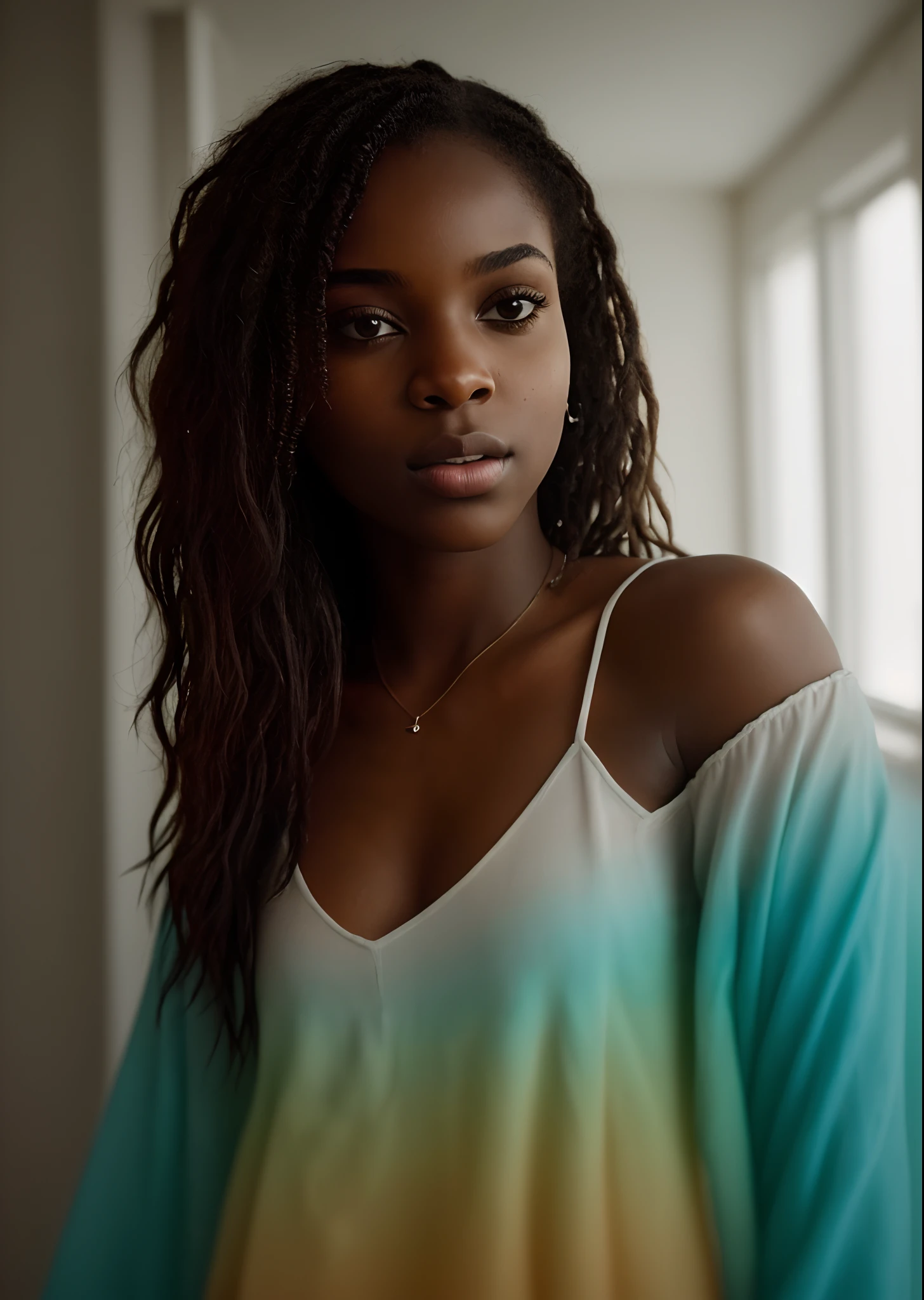 Capture a mesmerizing medium-range selfie of a young and stunning African-American woman using an iPhone camera. Emphasize the artistic aspect with ombre lighting at a factor of 1.3, casting an enchanting aura on her unique beauty. Pay attention to every detail, incorporating a film grain effect to add character and depth to the image, while maintaining a medium quality that enhances its charm. This image should exude a captivating essence, perfectly showcasing the beauty of this young woman.