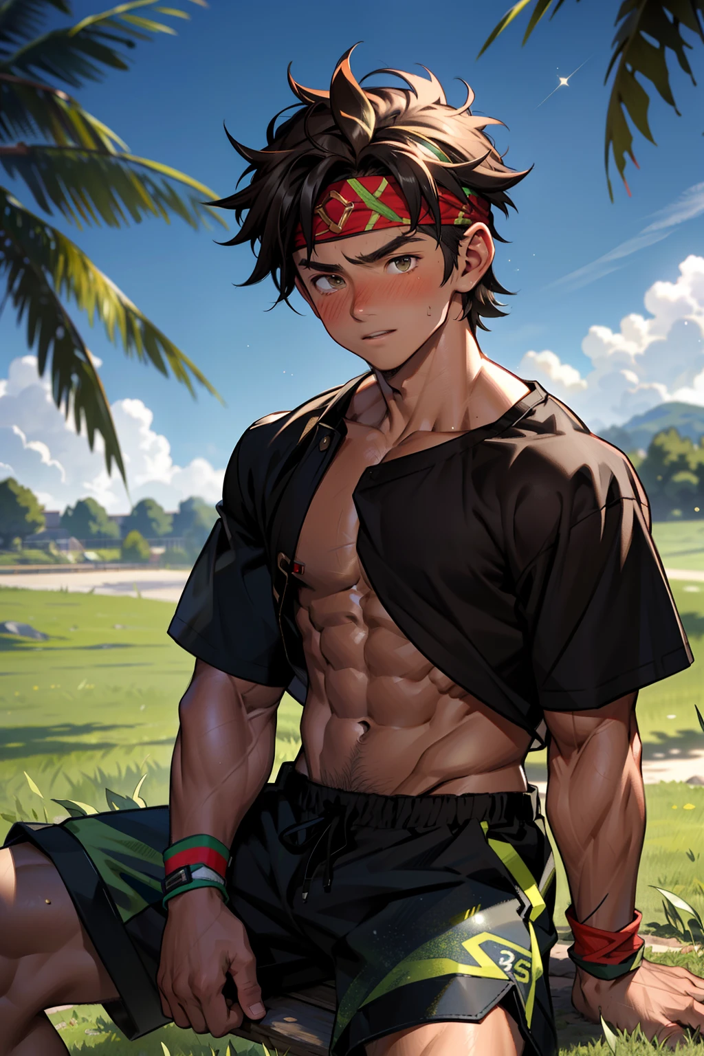 (Masterpiece, Best quality boy,Shota), 1boys, Young,Muscular, Short hair, with brown eye, Intricate, Grass, full bodyesbian, Shirtless, Muscles sparkle in the sun,Black shorts, green headband, Vivid colors,(Depth of field:1.2),(Abs),Blush, view the viewer, Sit on grass,
