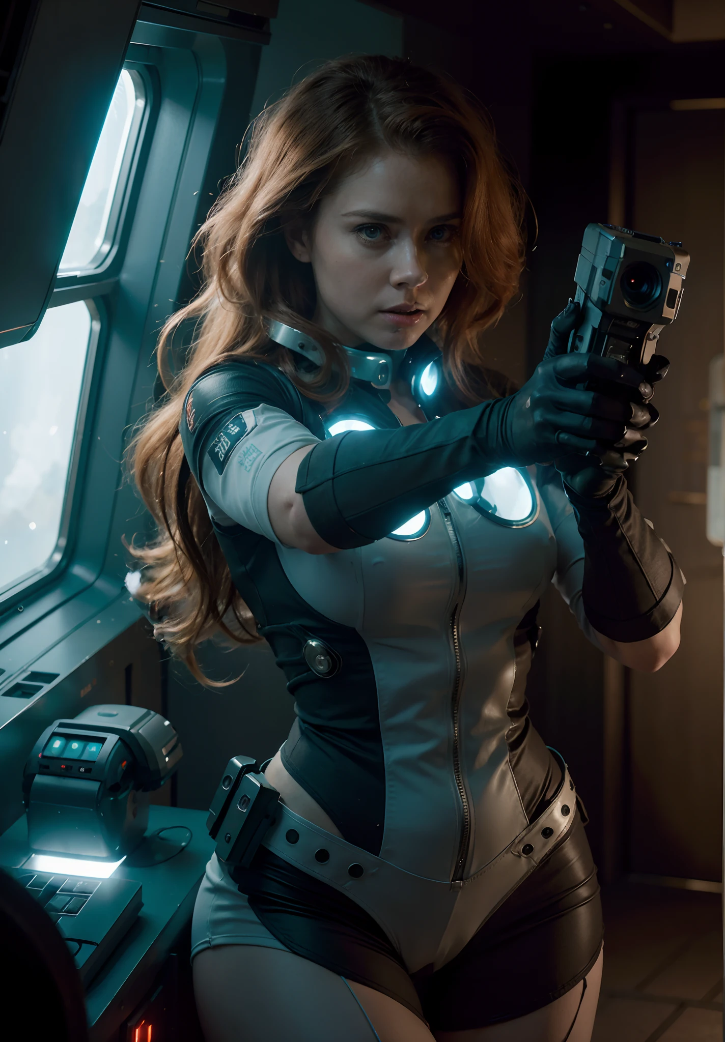 Hot terrified Sci fi Amy Adams with hair slick back ponytail holding a sci fi pistol on Ishimura Horror Space Ship photography, natural light, photorealism, cinematic rendering, ray tracing, the highest quality, the highest detail, Cinematic, Third-Person View, Blur Effect, Long Exposure, 8K, Ultra-HD, Natural Lighting, Moody Lighting, Cinematic Lighting