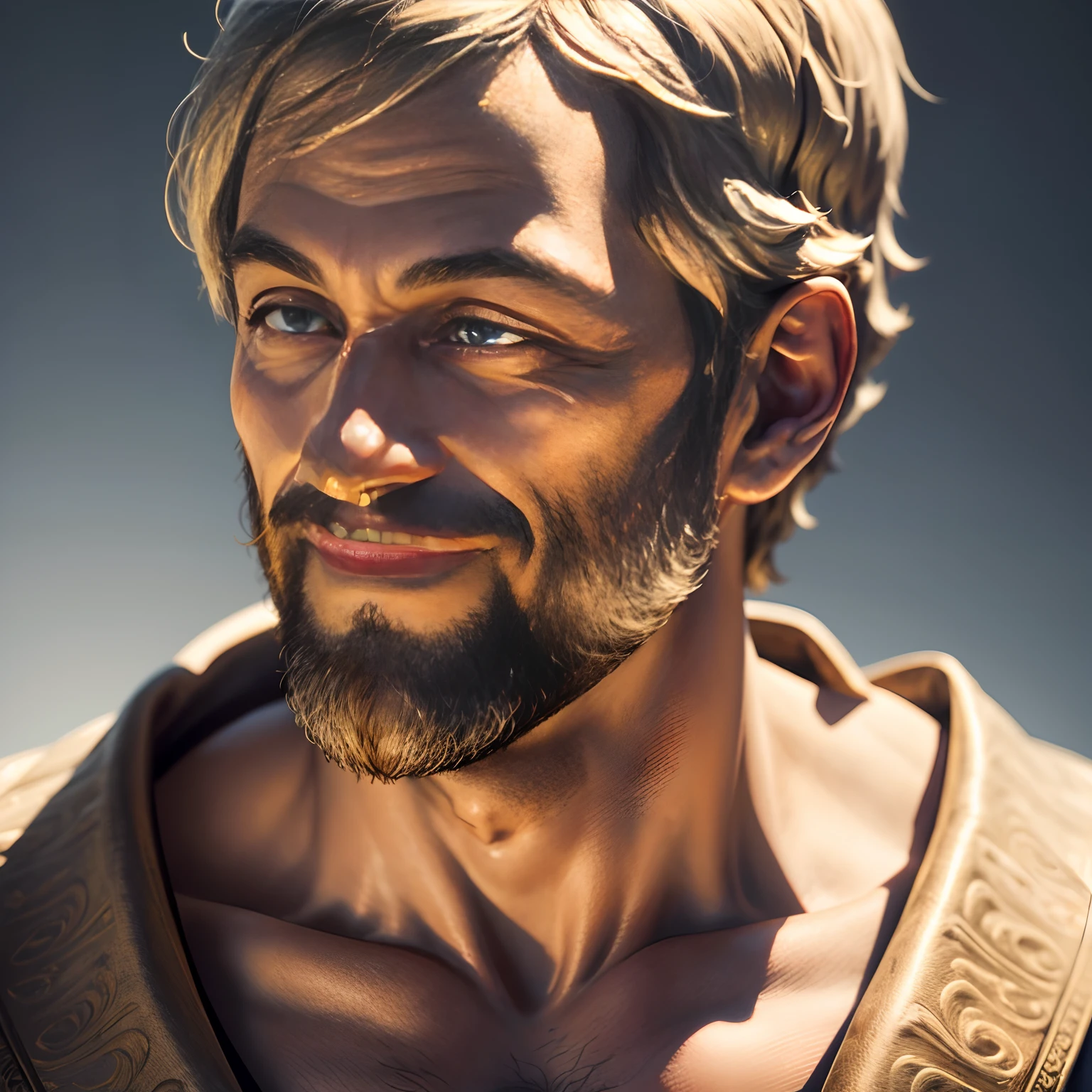 Closeup image of Aristotle smiling, looking straight into camera, 8k , photorealistic, profile picture, high-quality, sharp, high details