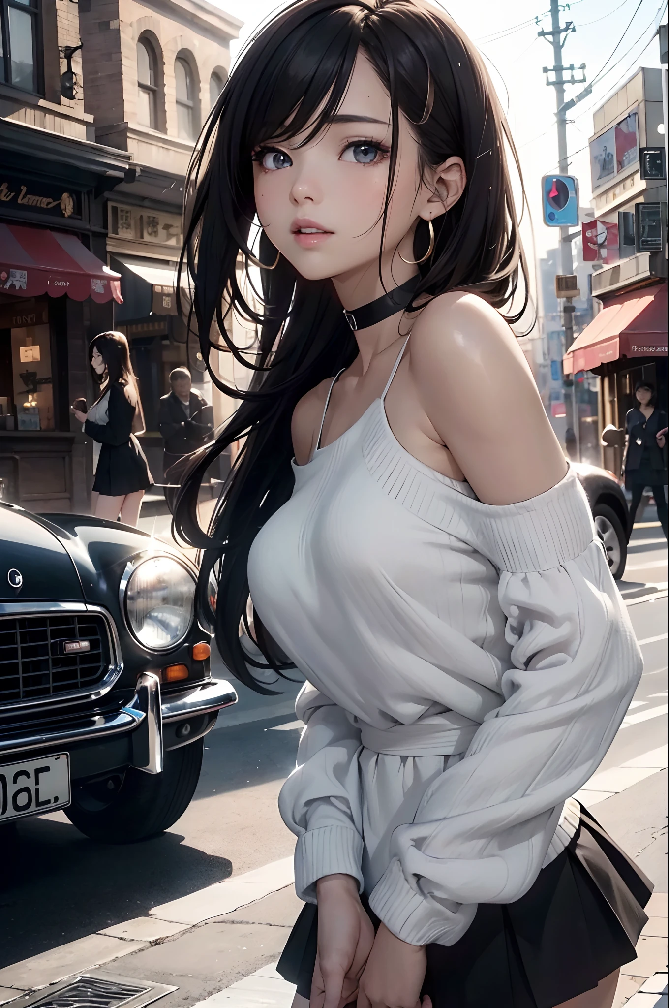 (Official art、Best Quality、Unity 8k Wallpapers、32K、masterpiece、ultra-detailliert、超A high resolution、realisitic、Photorealsitic:1.2)、(Cinematic lighting:1.2)、Fireglow effect、film grains、Best Shadows、Rim lighting、side lights、sideshot、(Ultra-detailed and complex 3D rendering)、Detailed beautiful face and eyes、A slender、Medium bust、(Full body:1.2)、 Highly detailed background、beauitful face、blurry backround、16-year-old beautiful girl、(super detailed skin、detailed skin textures:1.3)、chestnut bristles、Brown-eyed、Hip Hop Cable、off shoulders、jumper skirt、Black stockings、(thighs thighs thighs thighs:0.8)、Knitted sandals、City at night、Open your mouth and smile gently、a choker、dynamicposes、(Classic car on woman background、Woman illuminated by headlights:1.2)