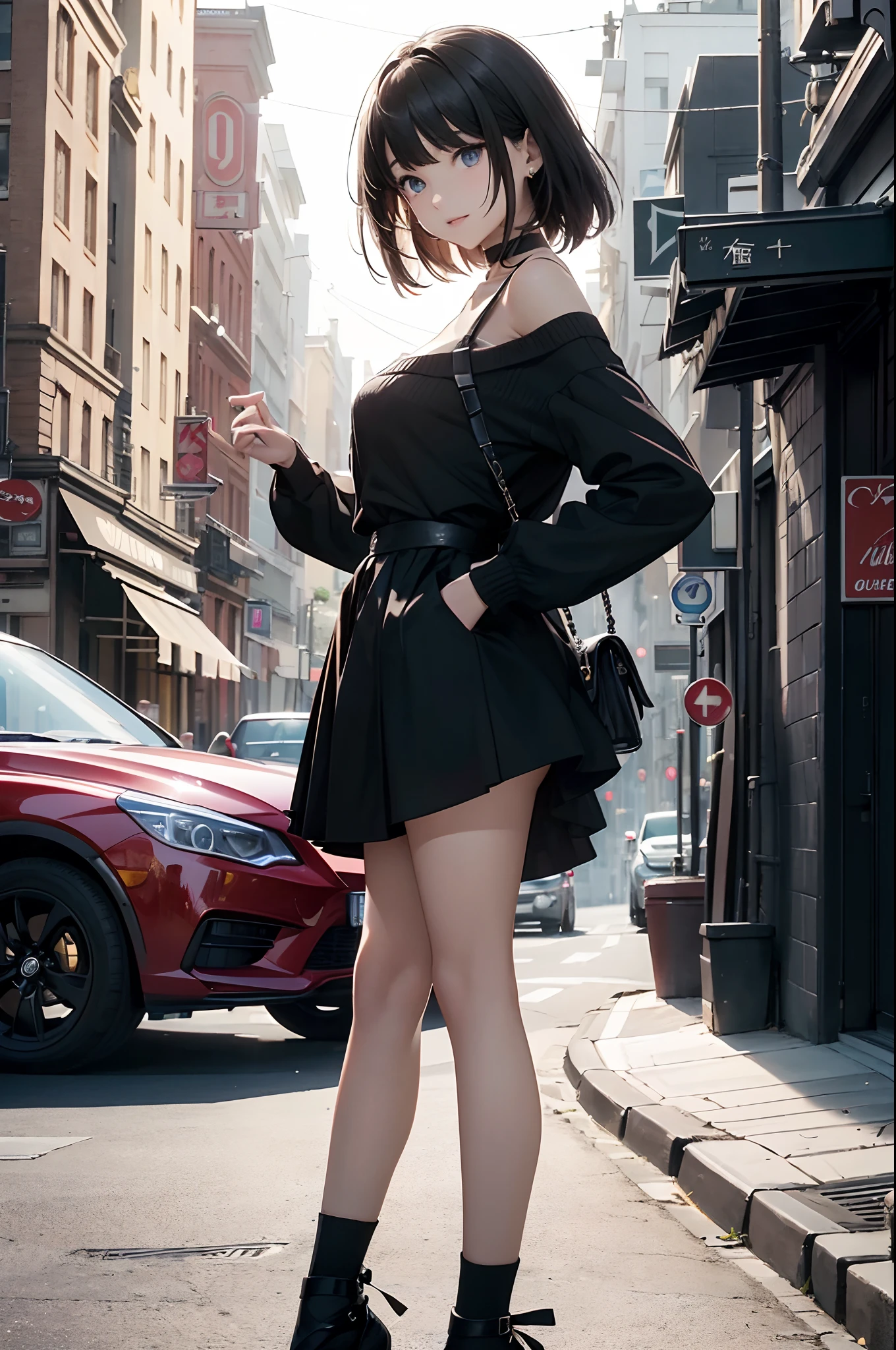 (Official art、Best Quality、Unity 8k Wallpapers、32K、​masterpiece、ultra-detailliert、超A high resolution、realisitic、Photorealsitic:1.2)、(Cinematic lighting:1.2)、Fireglow effect、film grains、Best Shadows、Rim lighting、side lights、sideshot、(Ultra-detailed and complex 3D rendering)、Detailed beautiful face and eyes、A slender、Medium bust、(Full body:1.2)、 Highly detailed background、beauitful face、blurry backround、-yeld beiful girl、(super detailed skin、detailed skin textures:1.3)、chestnut bristles、Brown-eyed、Hip Hop Cable、off shoulders、jumper skirt、Black stockings、(thighs thighs thighs thighs:0.8)、Knitted sandals、City at night、Open your mouth and smile gently、a choker、dynamicposes、(Classic car on woman background、Woman illuminated by headlights:1.2)