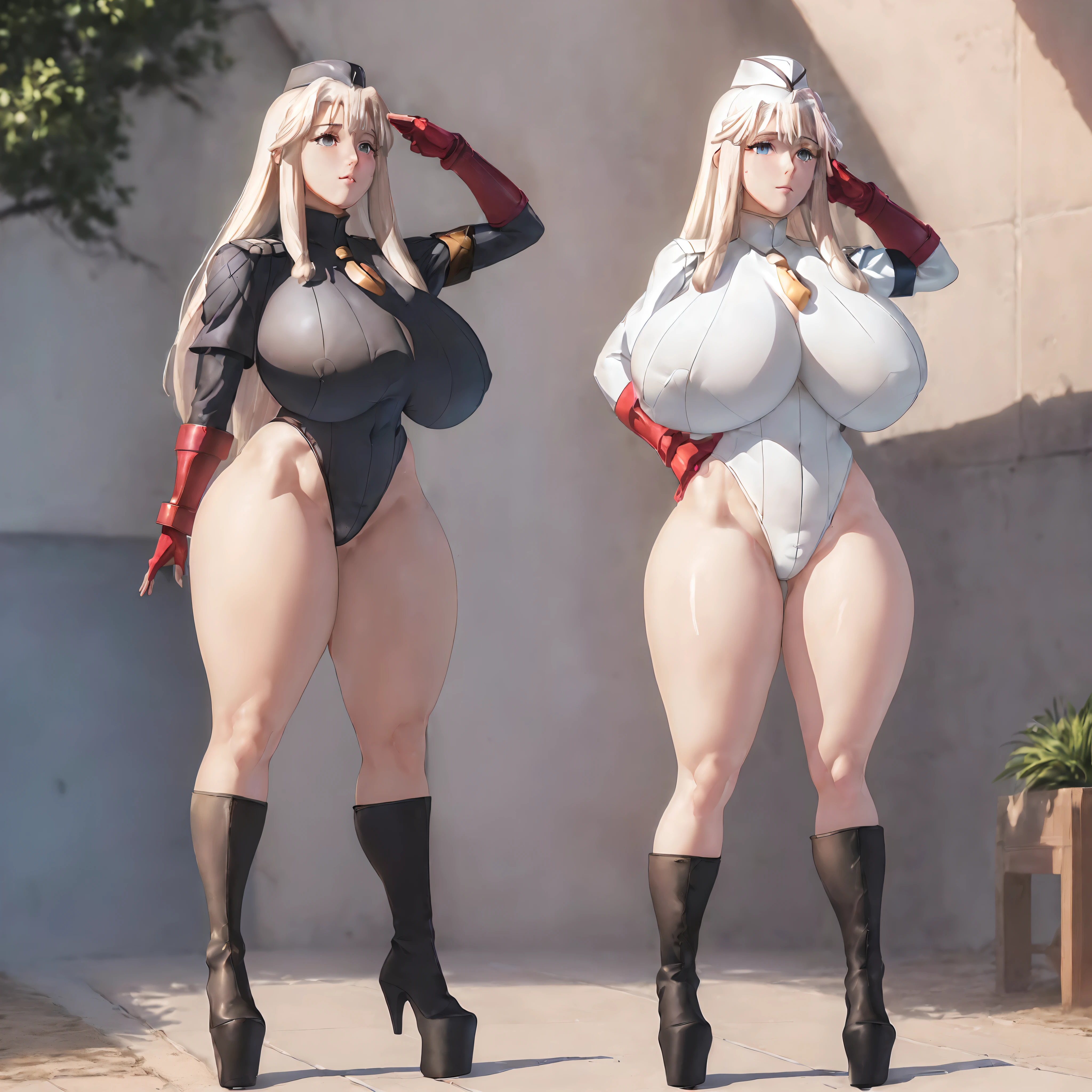 (illyasviel_von_einzbern:1.6), (saluting:1.5), (standing_at_attention:1.6)
(black_dollsuit:1.4), (platform_heels:1.6), (pantyhose:1.4), (full body:1.4)
White hair, red eyes, Very Long Hair,hair_between_eyes, with huge breasts,
1 girl,Young female,Beautiful Finger,Beautiful long legs,Beautiful body,Beautiful Nose,Beautiful character design, perfect eyes, perfect face,expressive eyes,
looking at viewer,(full_body),(Focus on her face),
official art,extremely detailed CG unity 8k wallpaper, perfect lighting,Colorful, Bright_Front_face_Lighting,shiny skin,
(masterpiece:1.0),(best_quality:1.0), ultra high res,4K,ultra-detailed,
photography, 8K, HDR, highres, absurdres:1.2, Kodak portra 400, film grain, blurry background, bokeh:1.2, lens flare, (vibrant_color:1.2)
(Beautiful,huge_Breasts:2.0), (beautiful, thick_thighs:1.6), (beautiful,wide_hips:1.5), (beautiful_face:1.5),(narrow_waist), (shortstack:1.4)