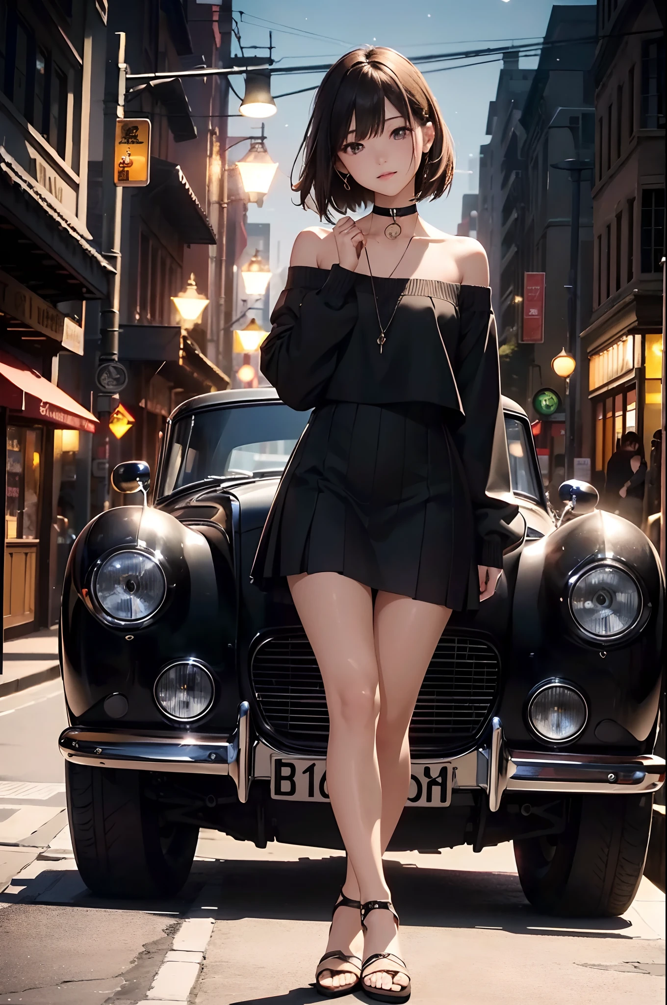 (Official art、Best Quality、Unity 8k Wallpapers、32K、masterpiece、ultra-detailliert、超A high resolution、realisitic、Photorealsitic:1.2)、(Cinematic lighting:1.2)、Fireglow effect、film grains、Best Shadows、Rim lighting、side lights、sideshot、(Ultra-detailed and complex 3D rendering)、Detailed beautiful face and eyes、A slender、Medium bust、(Full body:1.2)、 Highly detailed background、beauitful face、blurry backround、16-year-old beautiful girl、(super detailed skin、detailed skin textures:1.3)、chestnut bristles、Brown-eyed、Hip Hop Cable、off shoulders、jumper skirt、Black stockings、(thighs thighs thighs thighs:0.8)、Knitted sandals、City at night、Open your mouth and smile gently、a choker、dynamicposes、(Classic car on woman background、Woman illuminated by headlights:1.2)