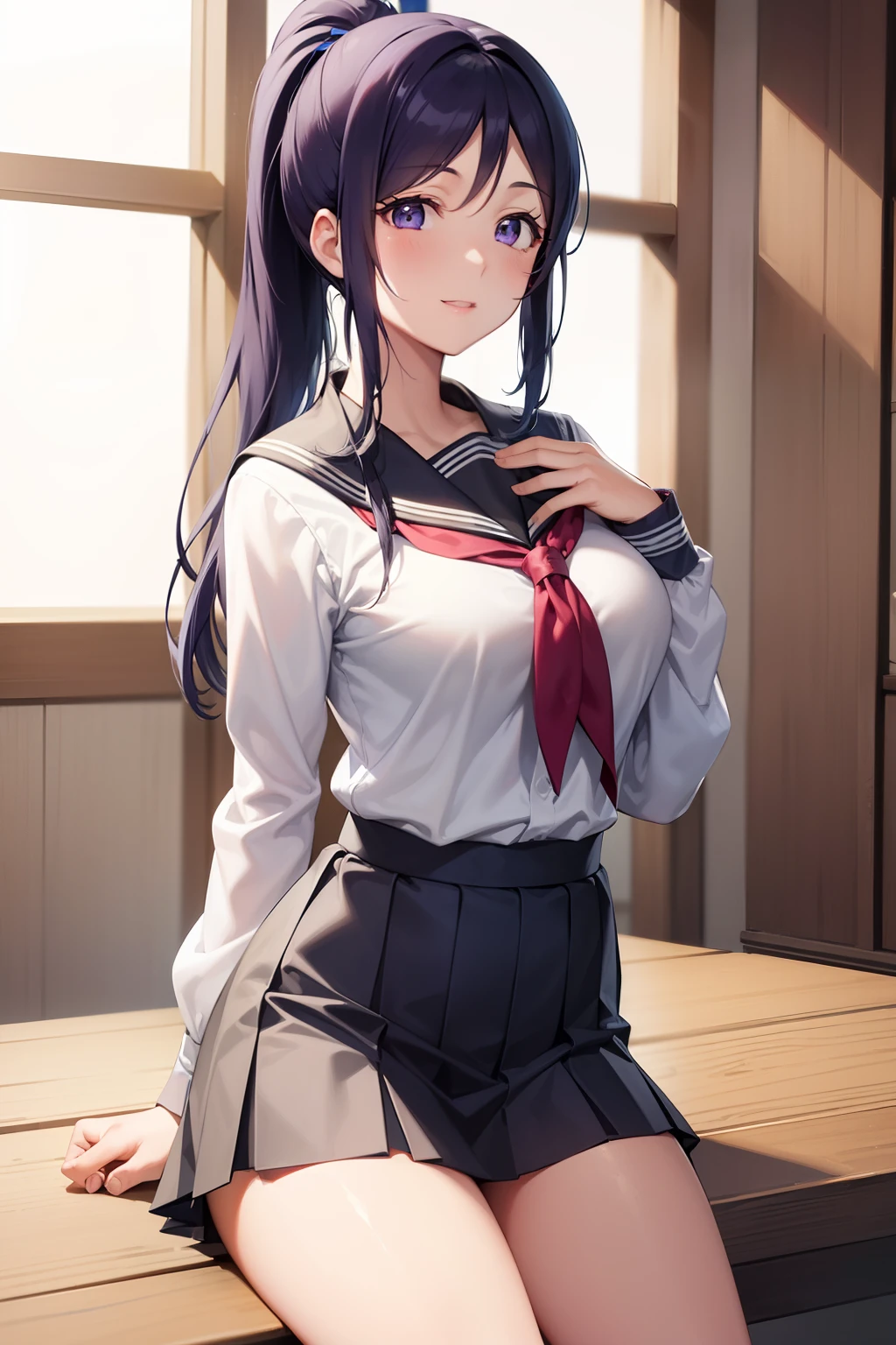 Minamimatsuura, Kanan Matsuura, Blue hair, Long hair, Ponytail, (Purple eyes:1.1), side locks, Blake Aquaneckerchief, grey sailor collar, grey skirt, Miniskirt, neckerchief, Pleated skirt, Sailor collar, sailor shirt, School uniform, serafuku, Shirt, Skirt, Summer uniform, uranohoshi school uniform, White shirt,Naughty big、large full breasts、BREAK looking at viewer, Break indoors, crass room,BREAK (masutepiece:1.2), Best Quality, High resolution, Unity 8k壁纸, (Illustration:0.8), (Beautiful detailed eyes:1.6), extra detailed face, Perfect Lighting, extremely details CG, (Perfect hands, Perfect Anatomy),a smile