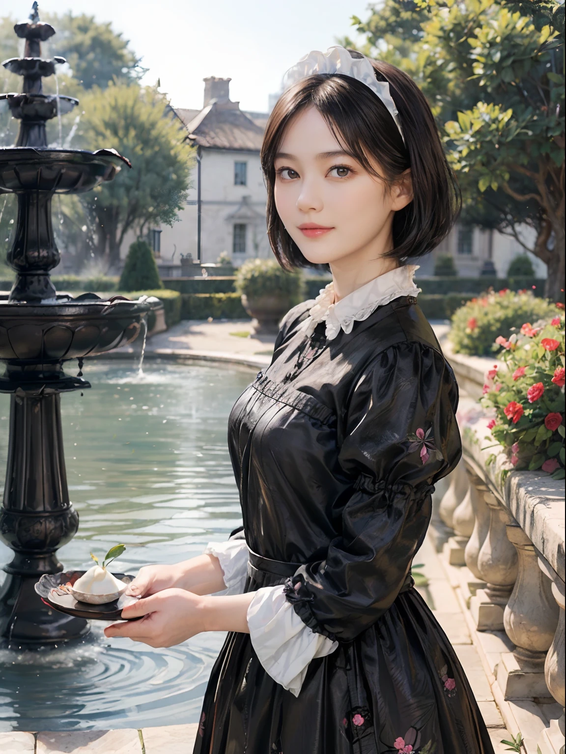 (trickart:1.3), (trompe l'oeil), Wonder Painting, (Maurits Escher:1.2), (Maurits Escher), (Black Shorthair:1.3), (a 20 yo woman), (A hyper-realistic), (Masterpiece), (8KUHD), Beautiful woman, a smile, (Wearing white clothes:1.3), breast
