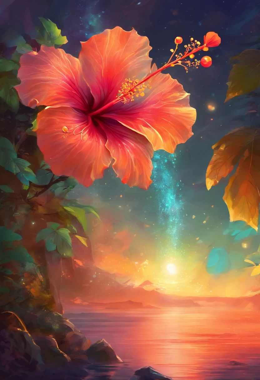 hibiscus Moon with water drops,neonlight,Random background,sunraise,bokha mood,ember,Colorful