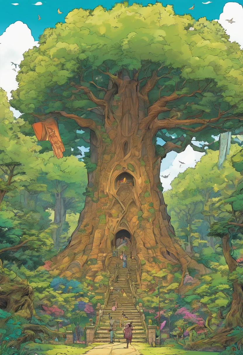 In a large forest、A tall tree stands tall。This big tree is、The oldest in the forest、It is the tallest tree。Four seasons fold々The figure of、Four frames