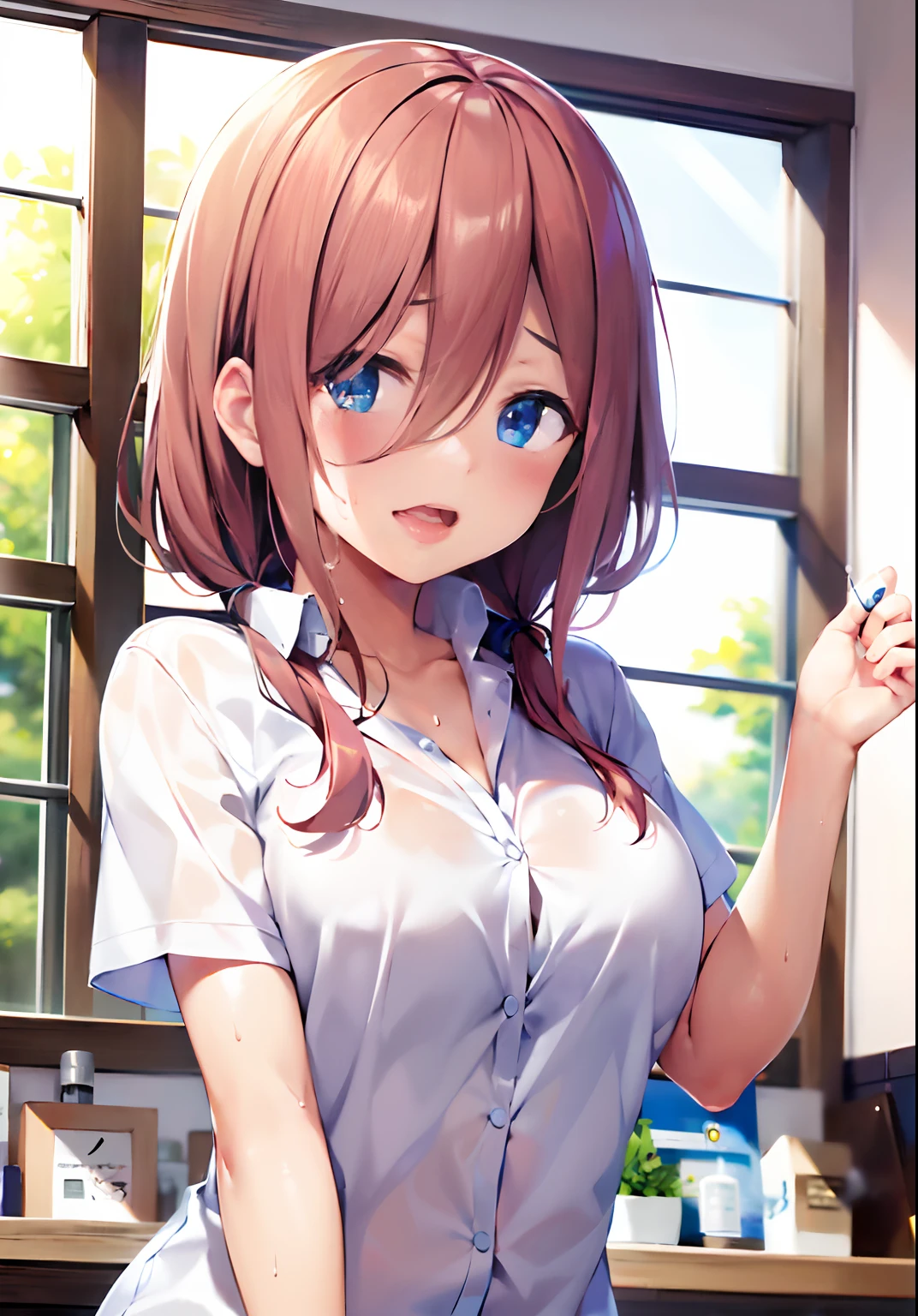 top-quality、study(1:6)、Full-length images of the highest quality、Highly detailed anime super detail、masterpiece、tre anatomically correct、Detailed hand、(study:1.6)、8K、I love my tides、Upper line、High School Uniform、Sweat profusely、Delicious looking face、Moisturizing skin、(eye glass:1.3)、Detail Eye、NSFW、Lustrous hair、、Frontal view、