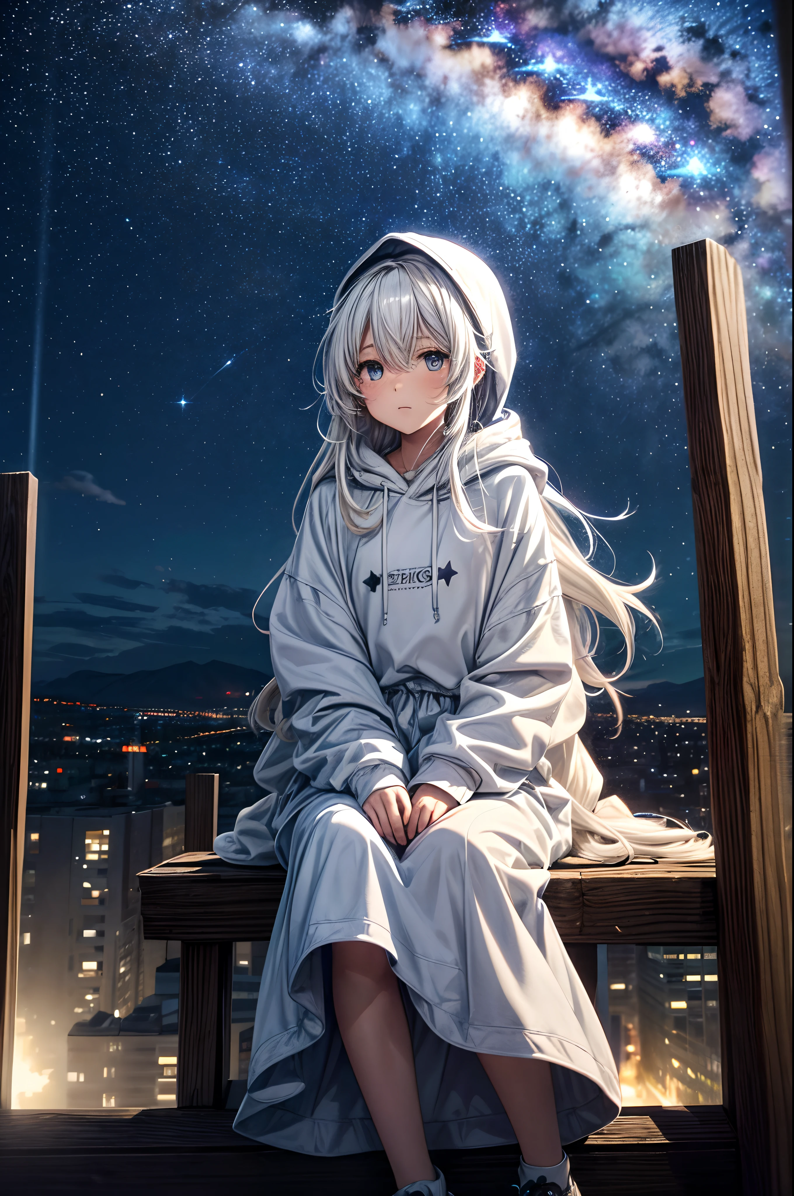 octans, sky, star (sky), scenery, starry sky, night, 1girl, white medium hair, oversized hoodie, long skirt, night sky, solo, outdoors, building, cloud, milky way, sitting, tree, long hair, city, silhouette, cityscape, Illustration with depth, horizon, (perspective:1.2),Outlook,distant scenery,distant,