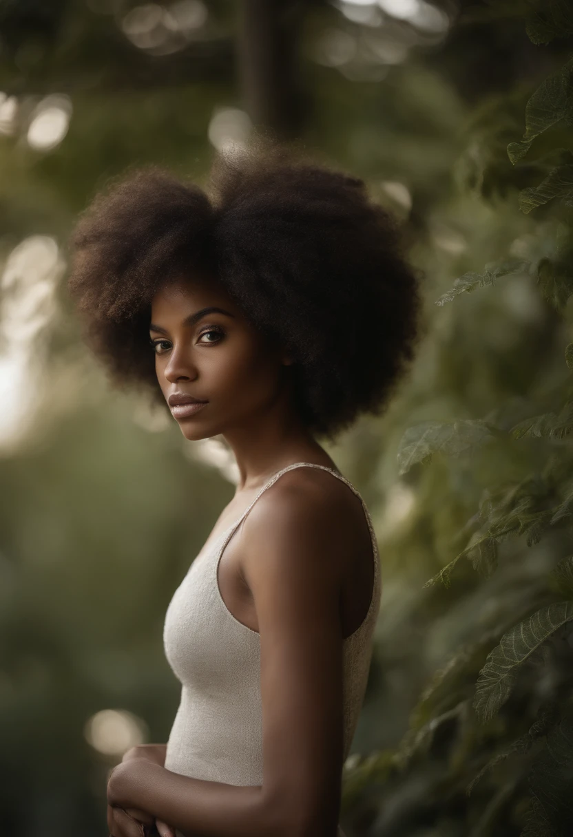Full body an African woman, face in profile, beautiful blue eyes, flowing and symmetrical afro hair and blue eyes looking directly into the camera. big breast naked, Soft side lighting casts soft shadows on her serene and neutral expression. Her afro hair adorns and frames her face. The atmosphere is calm and focuses on her striking eyes.