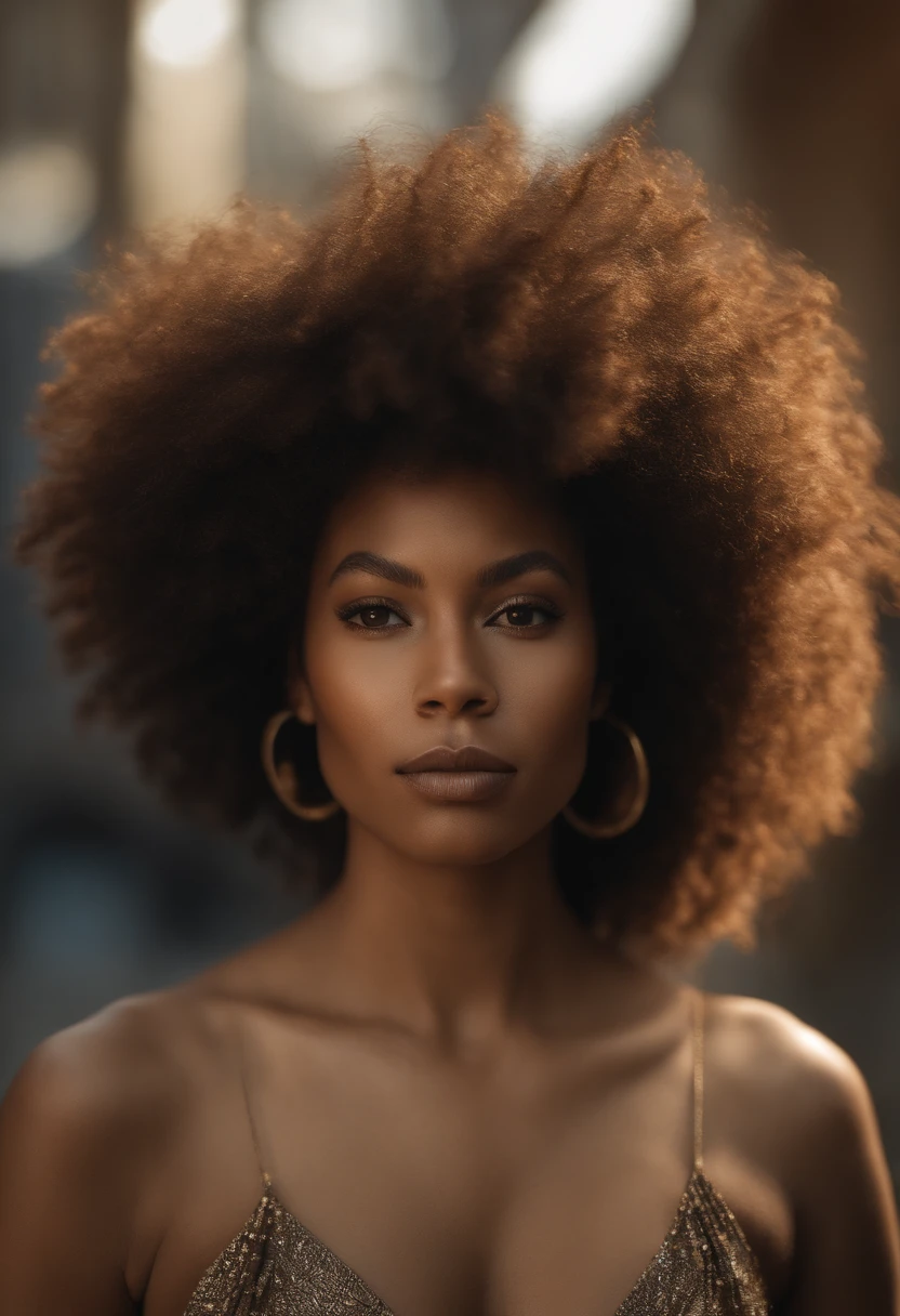 Destini with a very large afro hair posing for a picture, a digital rendering by Juan O'Gorman, shutterstock contest winner, afrofuturism, afro, afro hair, with textured hair and skin, with afro, light-brown skin, brown skin. light makeup, mixed-race woman, brown skin, diffused natural skin glow, brown skinned, make her look real and very beautiful