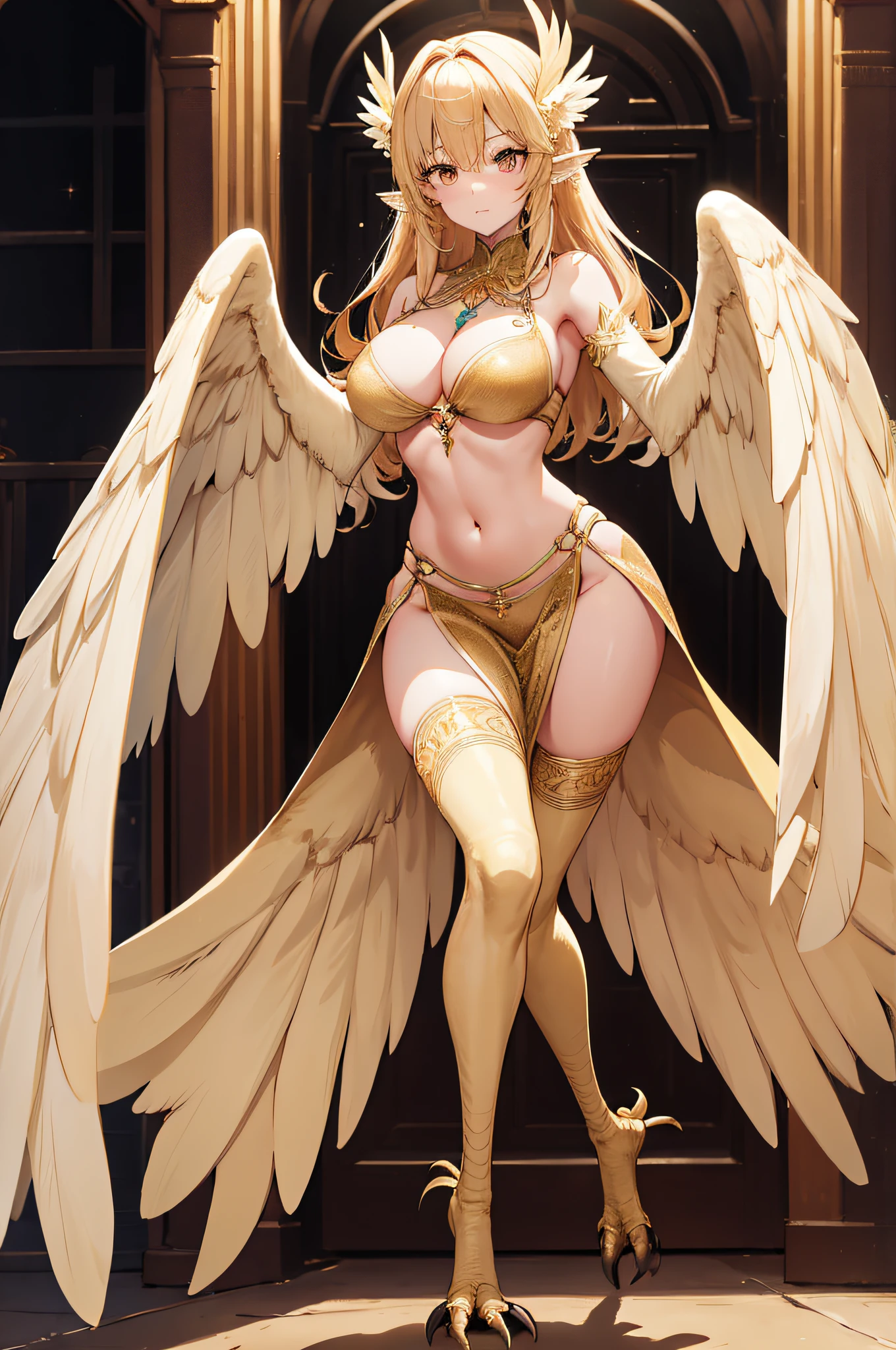 4K,hight resolution,One Woman,harpy,full bodyesbian, toenails,, large wings,cream colored Hair,Longhaire,Arabic dancer dresses,Navel Ejection