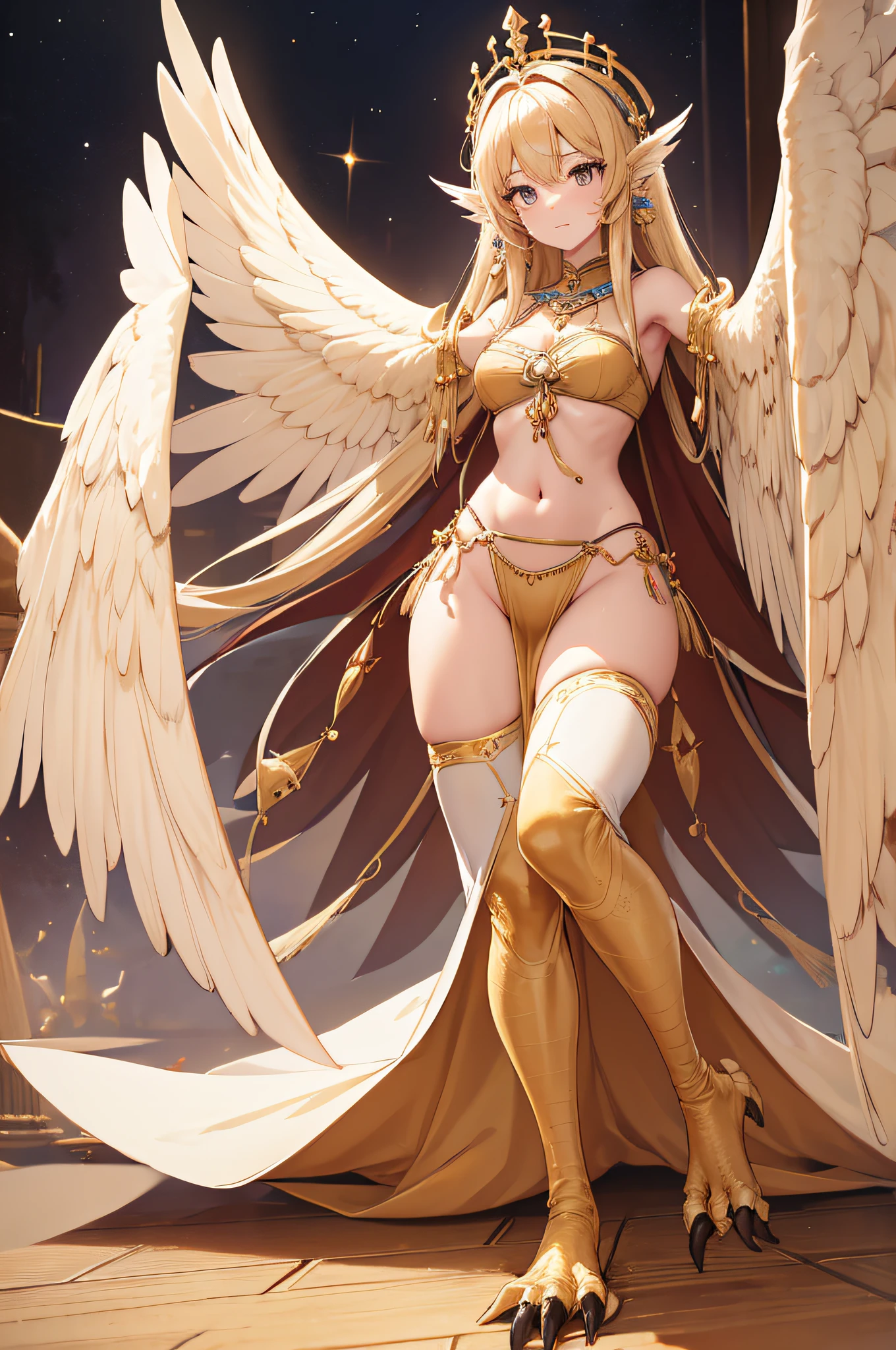 4K,hight resolution,One Woman,harpy,full bodyesbian, toenails,, large wings,cream colored Hair,Longhaire,Arabic dancer dresses,Navel Ejection