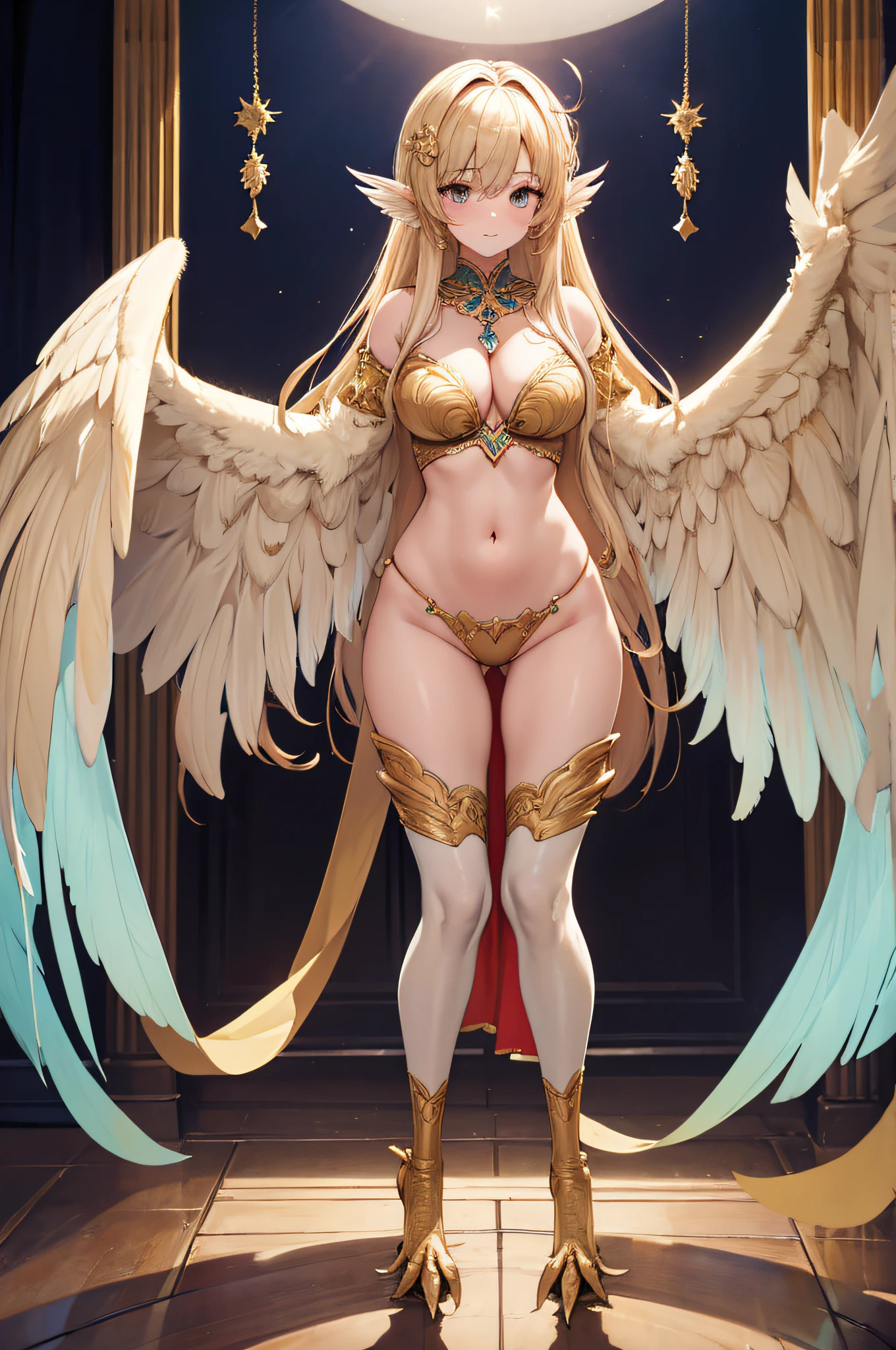 4K,hight resolution,One Woman,harpy,full bodyesbian, toenails,, large wings,cream colored Hair,Longhaire,,Arabic dancer dresses,Navel Ejection