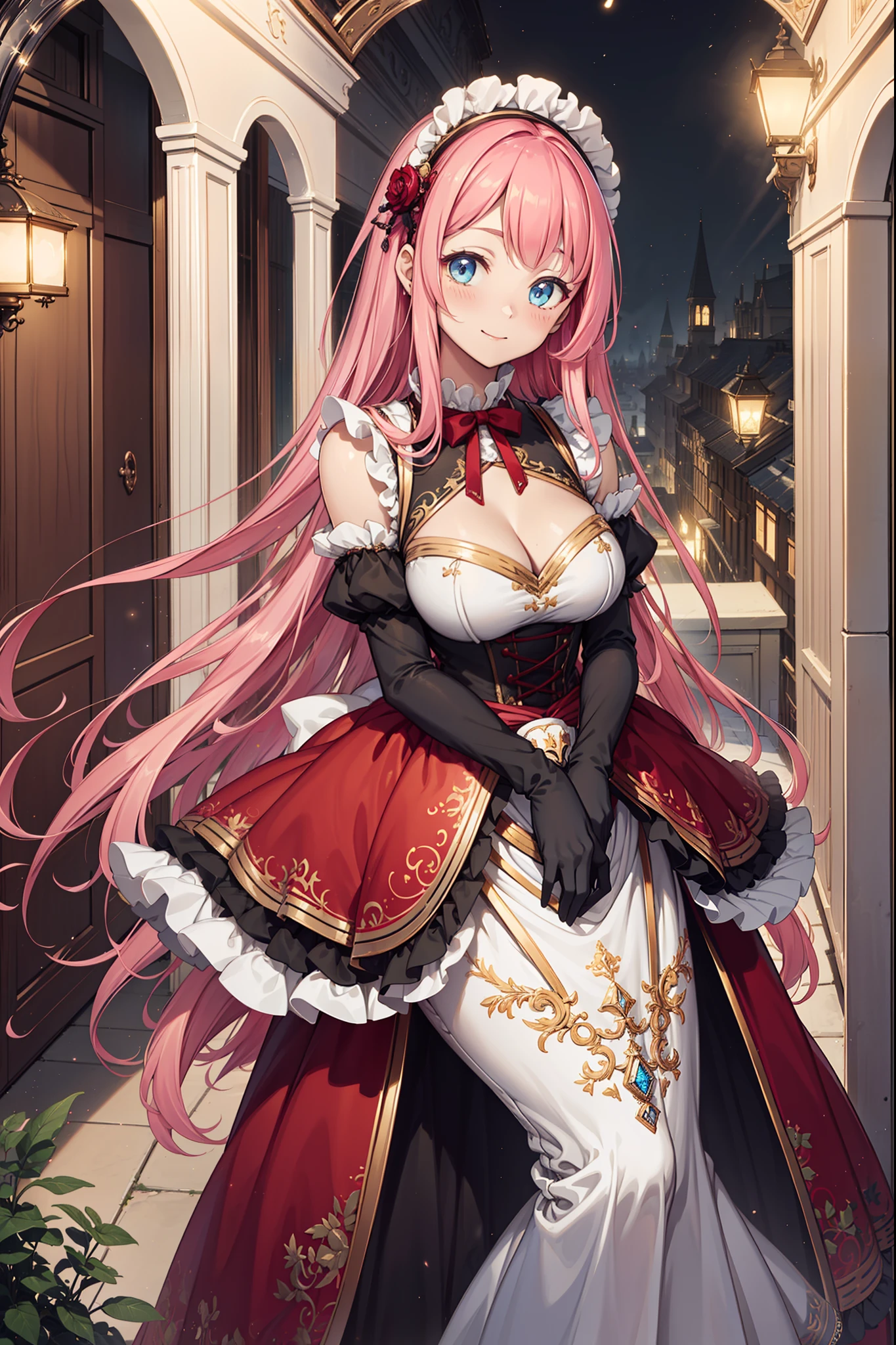 (Best quality, A high resolution, Textured skin, High quality, High details,Extremely detailed CG unity),s girl,Enchanted,Divine happiness,Being in love,(Light Victorian dress:1.2),Pink hair,eBlue eyes,(Fabric headdress),Maximalism,Multiple layers of delicate ruffles,Lots of lace,Multi-colored cloth,Delicate embroidery,Delicate pattern,Fabric headdress,exquisite costumes,see-through transparent clothes,Bedrooms,the night,glittery,(Dazzle:1.2),Movie lighting,the night,solo person,Fluttering skirt,Maid characteristics