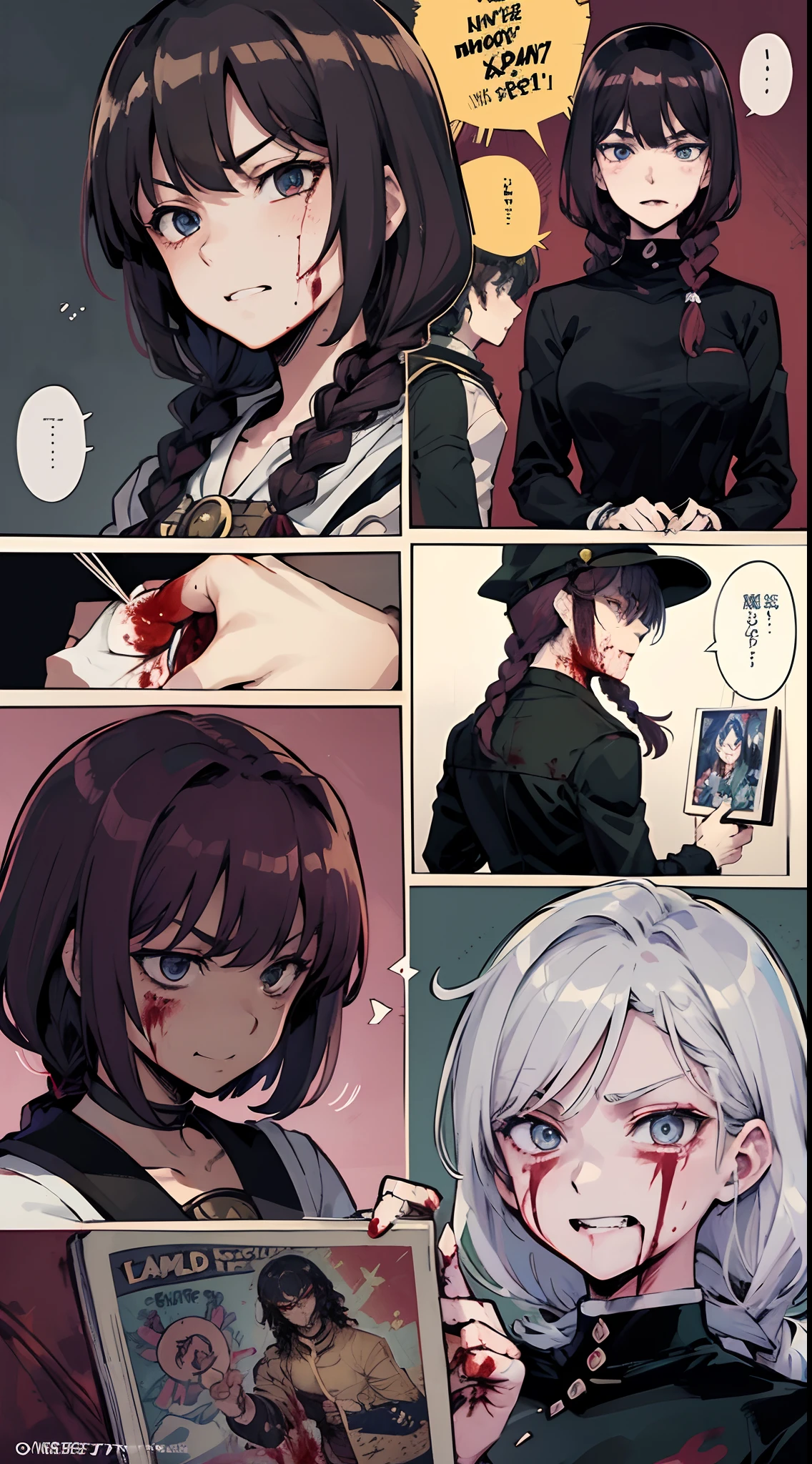 {masterpiece}, (comic book), (Concept Design of Comic Page), the style to Weekly Shonen Jump Japanese comic style,Black-red-golden hand painted comic style,((ink splashing))，((color splashing)),[watercolor style:Impasto:0.5] background,best quality,highly detailed, Beautiful and delicate face, beautiful and delicate eyes, Flower Embroidery Adventure Suit Girls, hairpin, diamond and glaring eyes,beautiful detailed cold face, {short red hair}, short wavy hair,glowing eyes,braid, goggles on headwear, medium hair,pocket watch,puffy short sleeves,silver chain,thigh strap, wrist cuffs,Demon King and Warcraft,lush botanical garden full of details and old European style library As background, dynamic angle,( comic split lens:1.1)+( Delicate black and white sketched portrait:0.8)+( highly detailed illustration:1.0)+( Multi view conversion lens:1.0),( speech bubble + speak arrow (symbol)+ Japanese castlevania adventure comic：1.2) ,buetiful girls, (((((evil, blood)))))