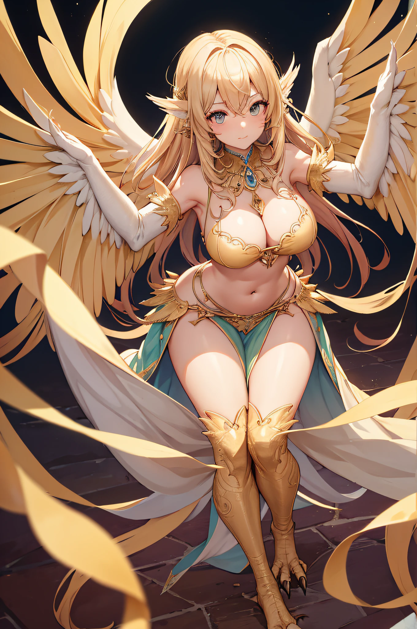 4K,hight resolution,One Woman,harpy,full bodyesbian, toenails,, large wings,cream colored Hair,Longhaire,,Arabic dancer dresses,Navel Ejection