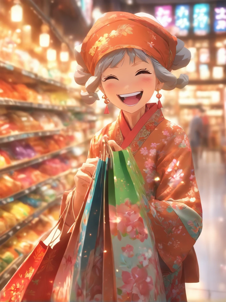 A Chinese grandmother shopping,having fun, cheerfulness, Perfect quality, Clear focus (clutter-home: 0.8), (Masterpiece: 1.2) (Realistic: 1.2) (Bokeh) (Best quality) (Detailed skin: 1.3) (Intricate details) (8K) (Detail eyes) (Sharp focus), (cheerfulness)