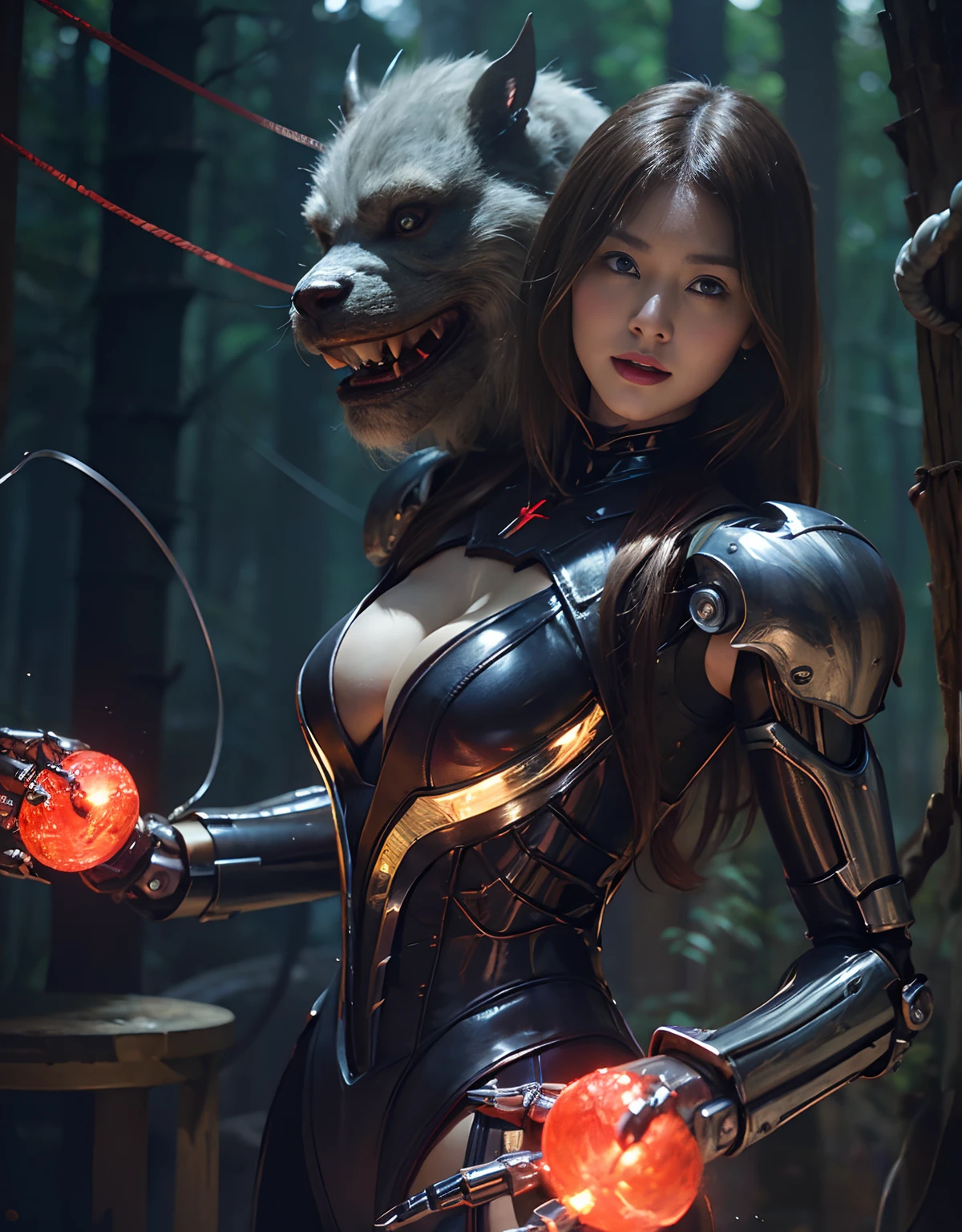 (1 Mechanical Girl)、top-quality、​masterpiece、超A high resolution、(Photorealsitic:1.4)、Raw photo、女の子1人、Fight mutants、glowy skin、(((1 Mechanical Girl)))、With a beautiful knife、（Green Metal Bodysuit）、(Fight goblings、ogre、Fierce battle with orcs),（Fight fiercely against aliens）、Fight fiercely、(beautiful forest background)、(Fighting Demonic Beasts)、(Small LED)、((super realistic details))、portlate、(Strong giant demon beast background),globalillumination、Shadow、octan render、8K、ultrasharp、Colossal tits、Raw skin is exposed in cleavage、metals、Details of complex ornaments、Japan details、highly intricate detail、Realistic light、(Mystical expression),CGSoation Trends、Blue eyes、radiant eyes、Facing the camera、neon details、(Mechanical limbs)、(blood vessels connected to tubes)、Mechanical vertebrae attached to the back、mechanical cervical attaching to neck、(Wires and cables connecting to the head)、Gundam、Small LED、,Mechanical thighs、Toostock、（Hands are also made of machines）、（Attack of the Monster Beasts）、（Wounded in a deadly battle）、
