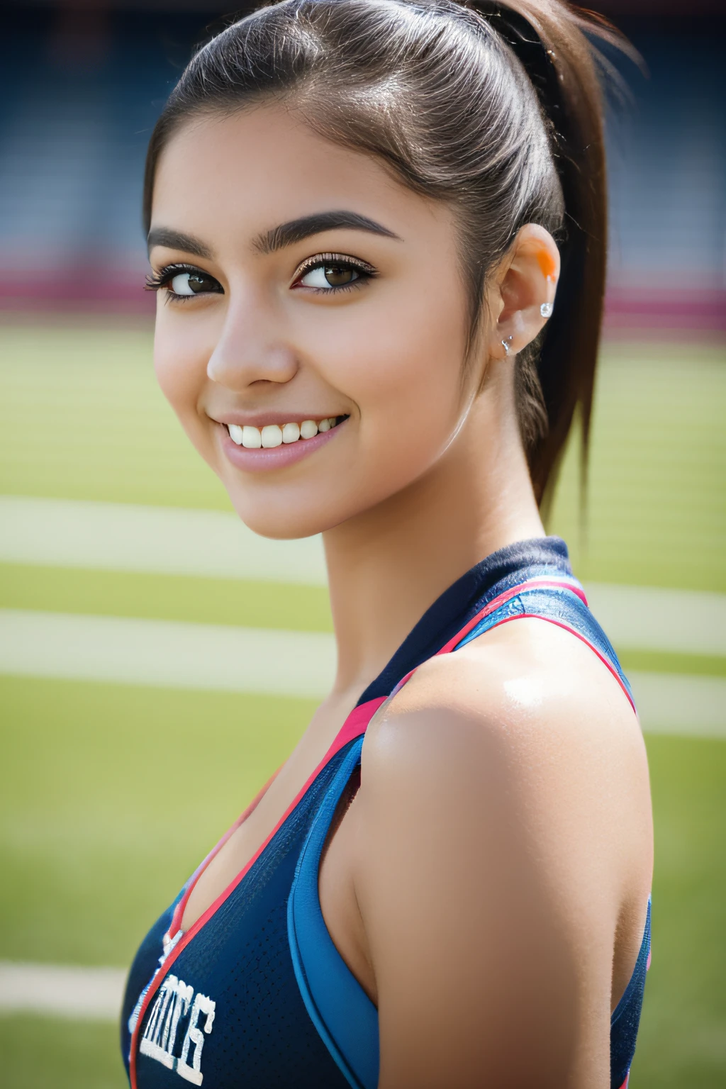 Latin girl. Dark hair. Straight hair. Dark Eyes. Teen. Young adult. Pretty. Popular. Outgoing. Cheerleader. Thin eyebrows.