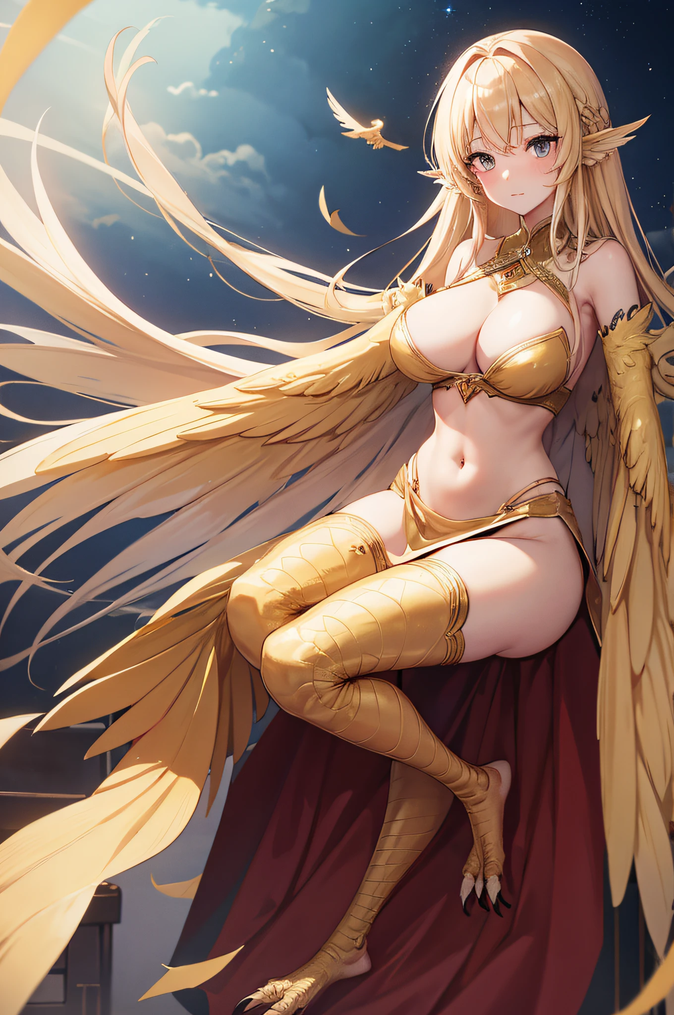 4K,hight resolution,One Woman,harpy,full bodyesbian, toenails,, large wings,cream colored Hair,Longhaire,Arabic dancer dresses,Navel Ejection